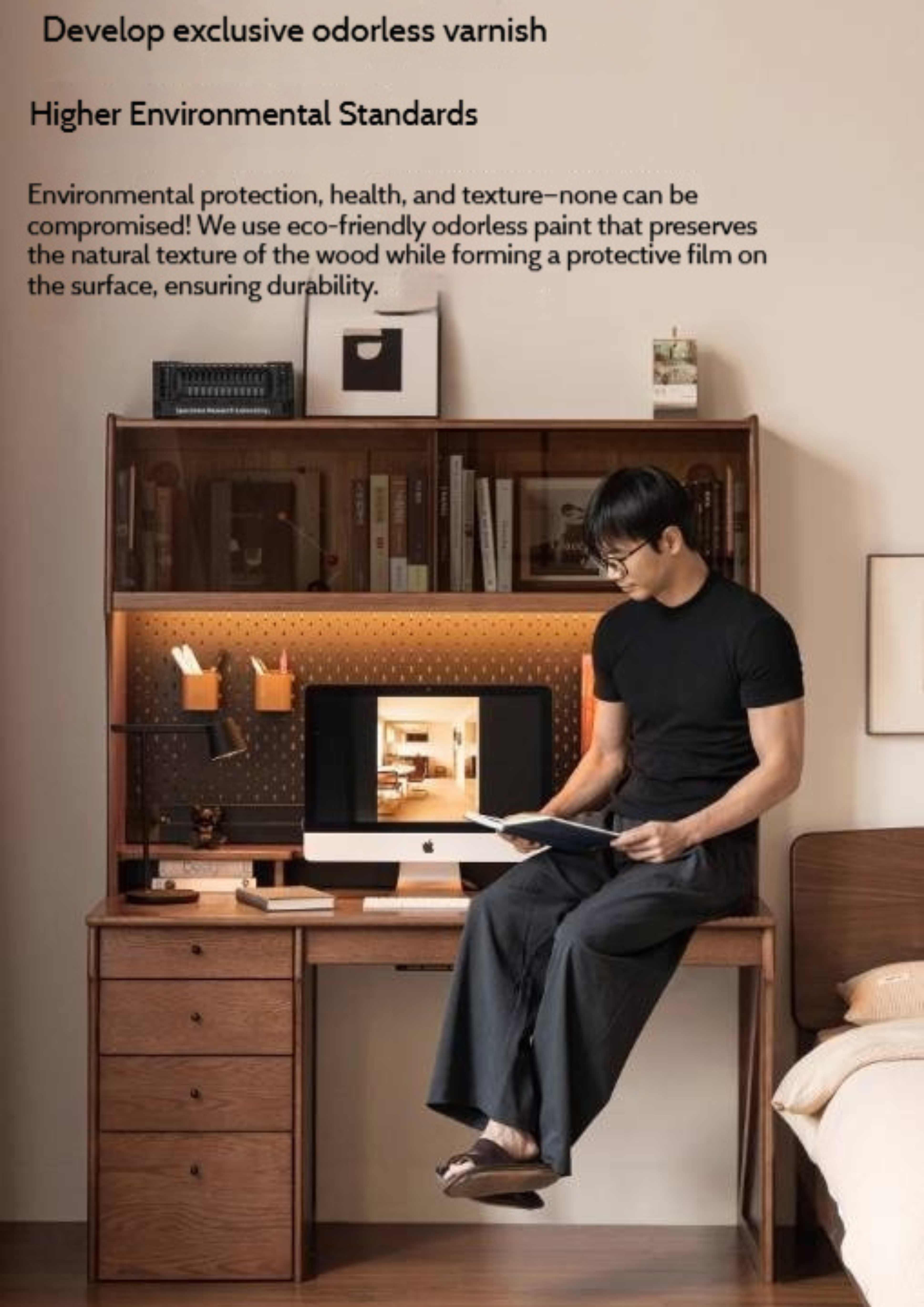 Oak Solid Wood Computer Desk With Shelf