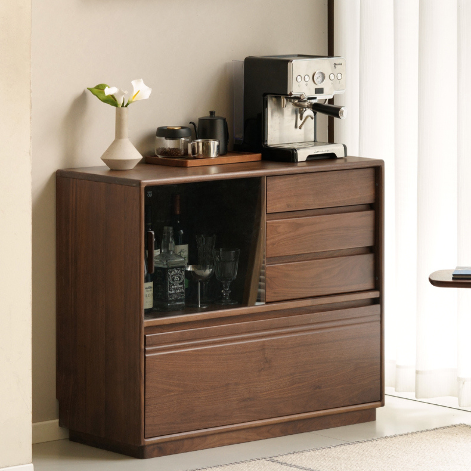 Black Walnut Solid Wood Modern Side Cabinet.