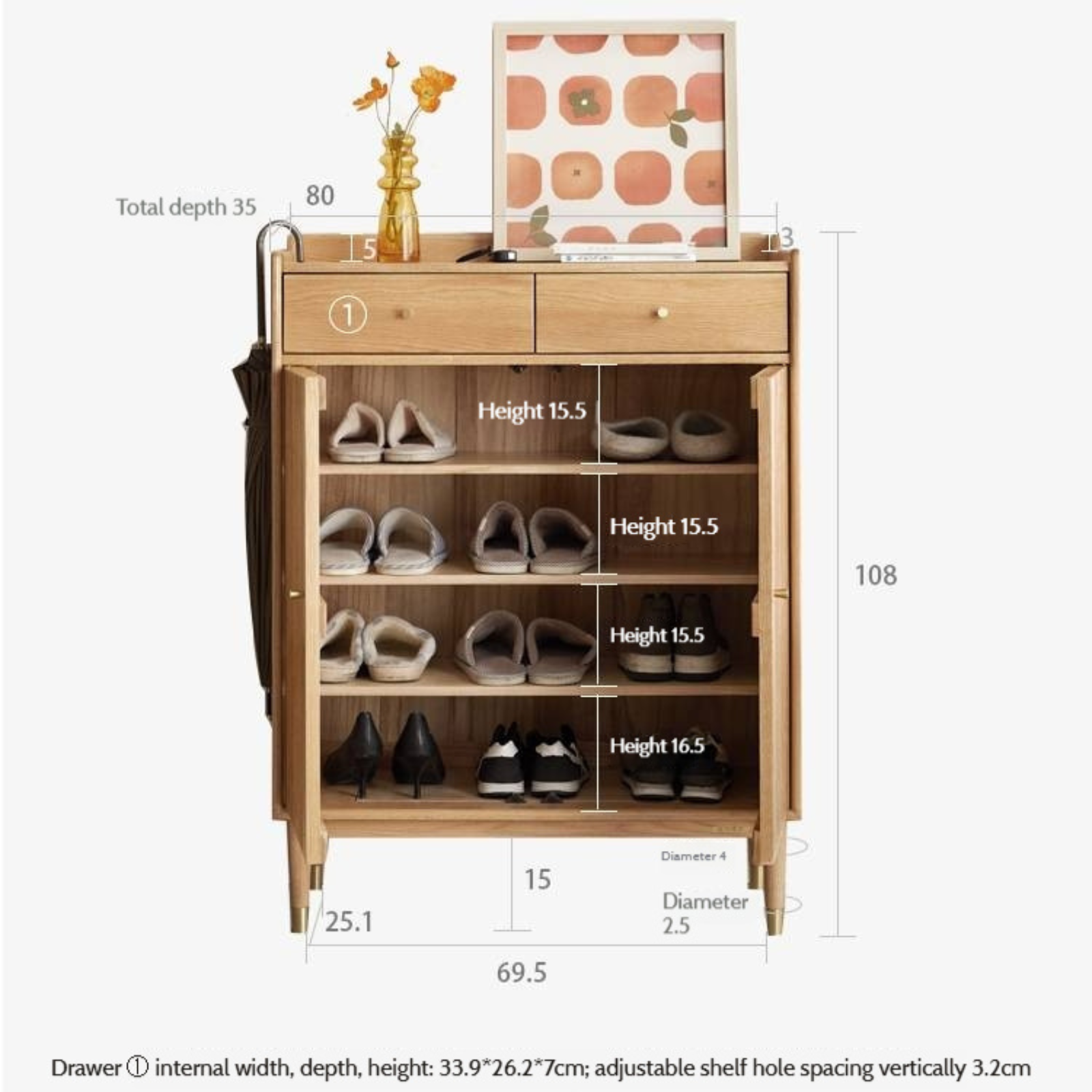 Oak Solid Wood Modern Nordic Storage Shoe Cabinet