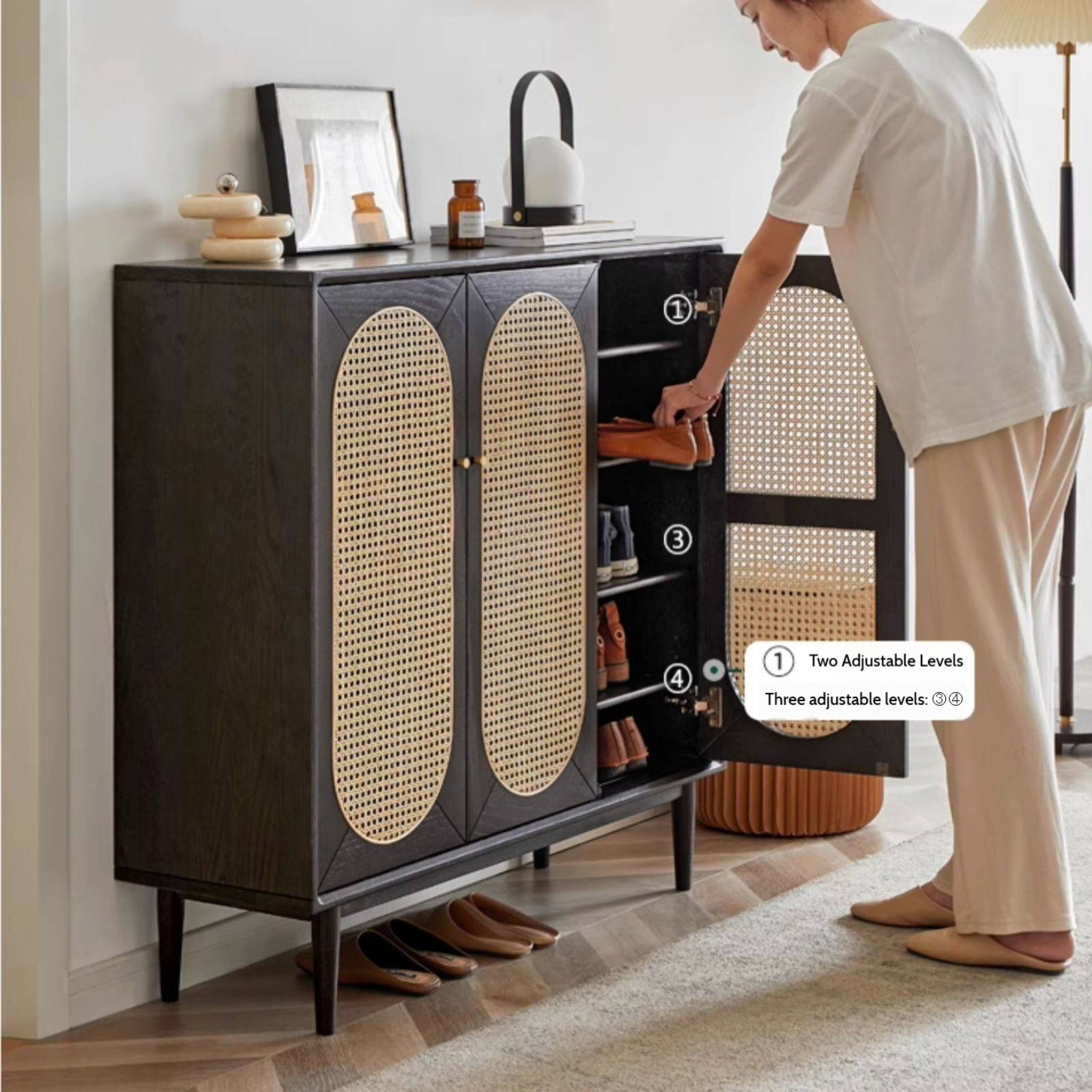 Oak Solid Wood Black Rattan Shoe Cabinet