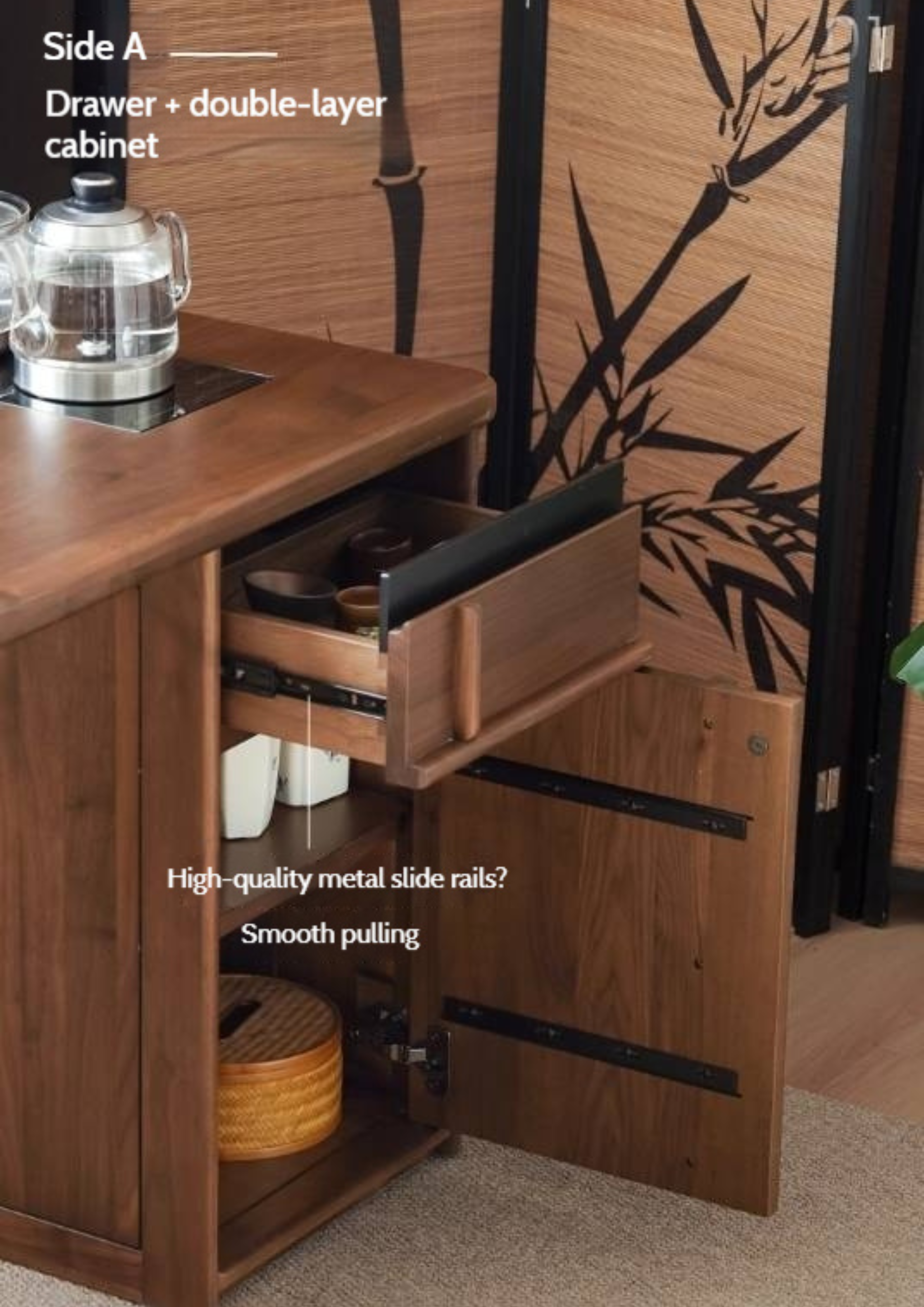 Black Walnut Solid Wood Rectangular Tea Table with Tea Tray