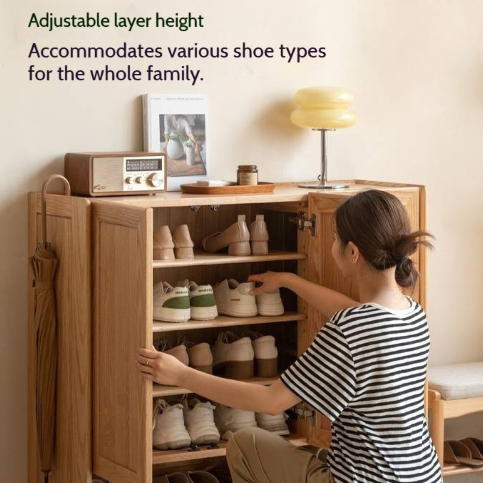 Oak, Solid Rubber Wood Shoe Cabinet