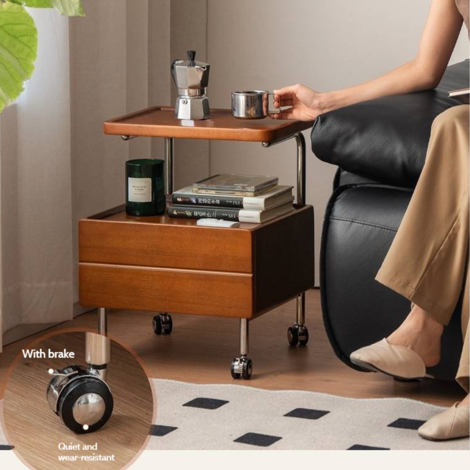 Poplar Solid Wood Vintage Style Mobile Nightstand