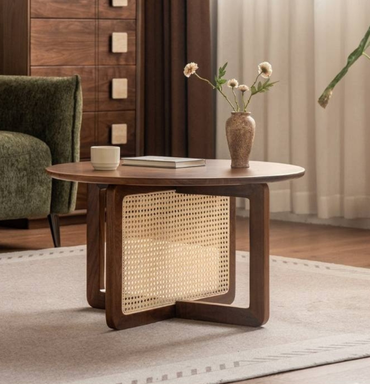 Black Walnut, Oak Solid Wood Rattan Modern Coffee Table