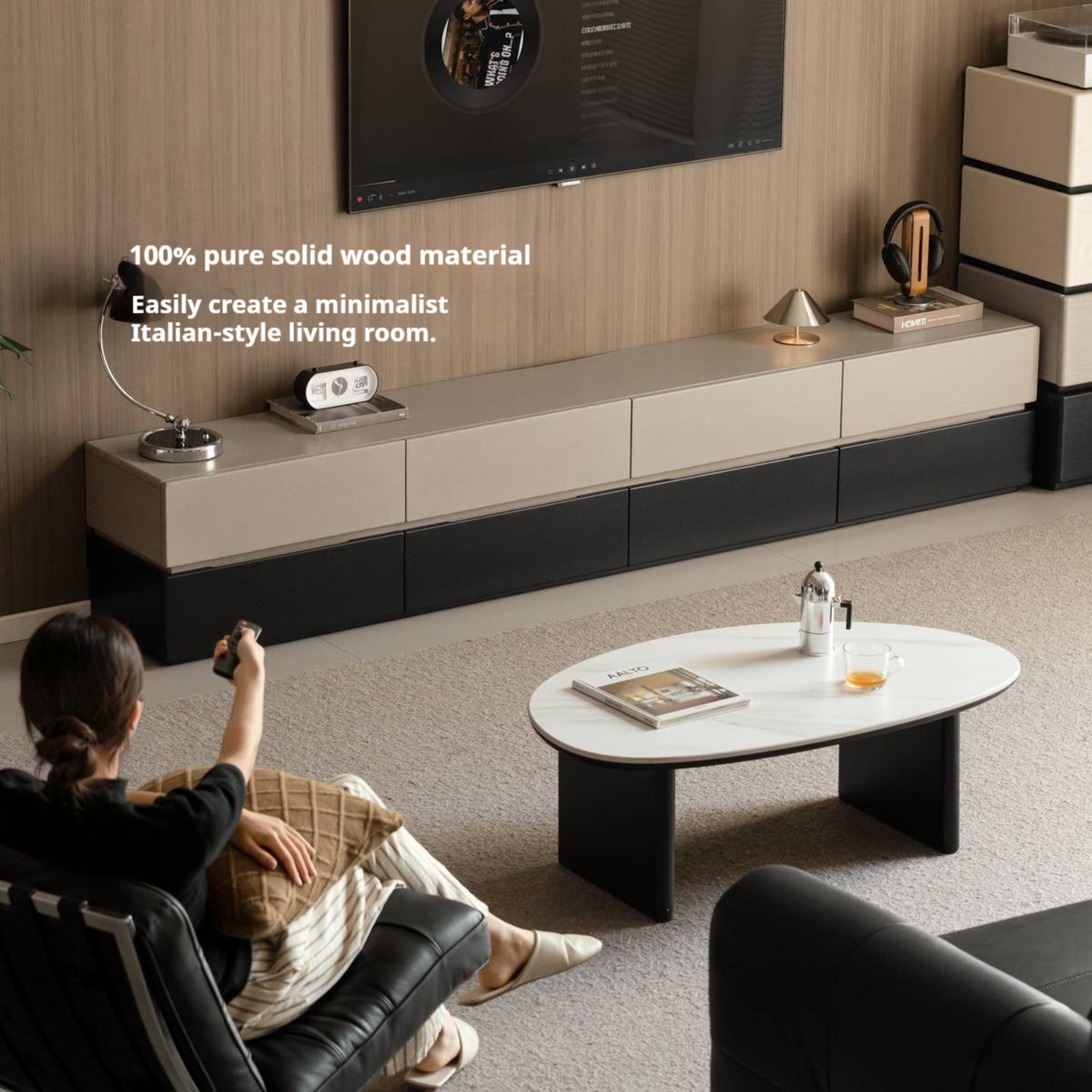 Solid Rubberwood Italian Light Luxury TV Cabinet