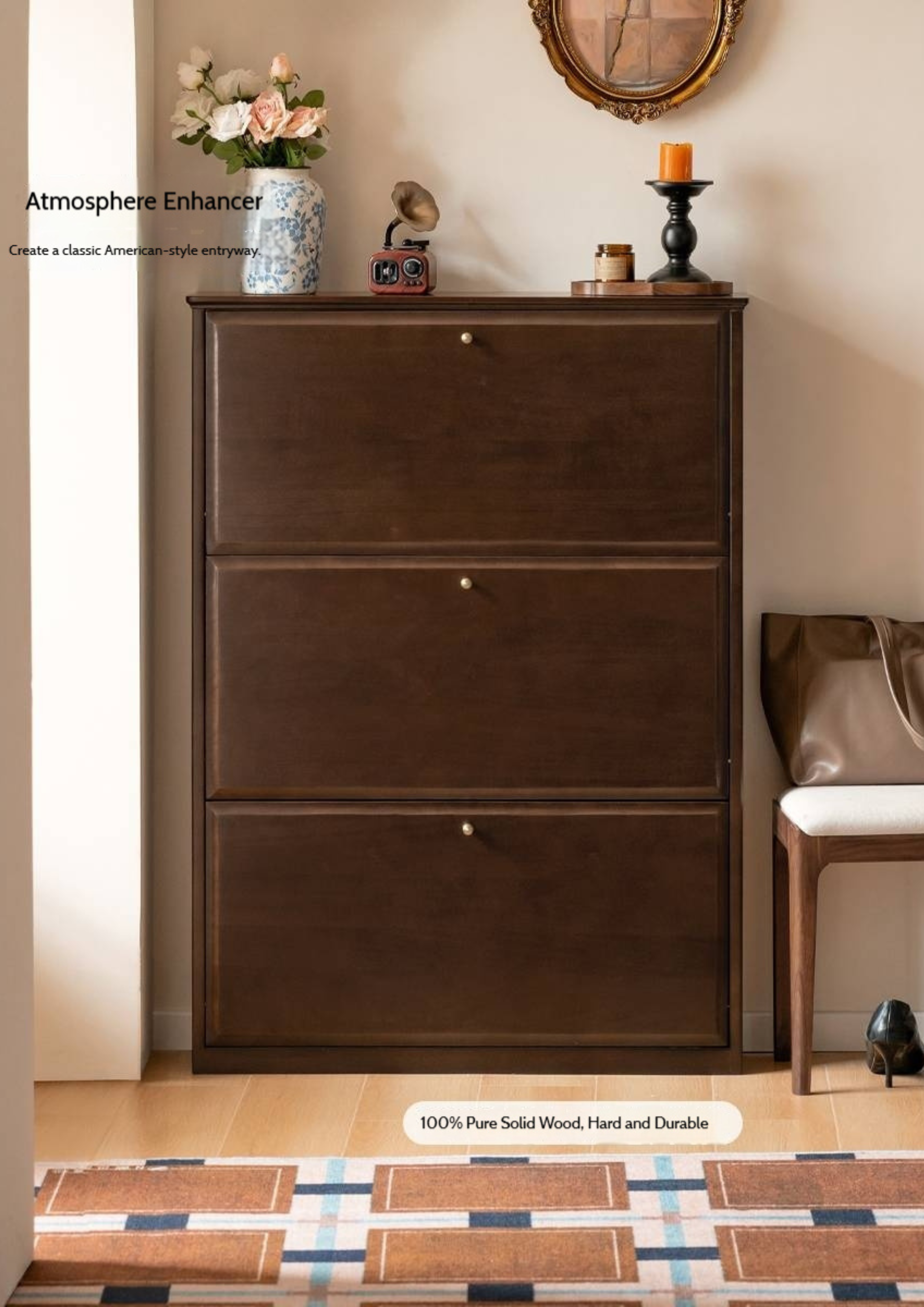 Poplar, Solid Rubber Wood Retro Narrow Shoe Cabinet