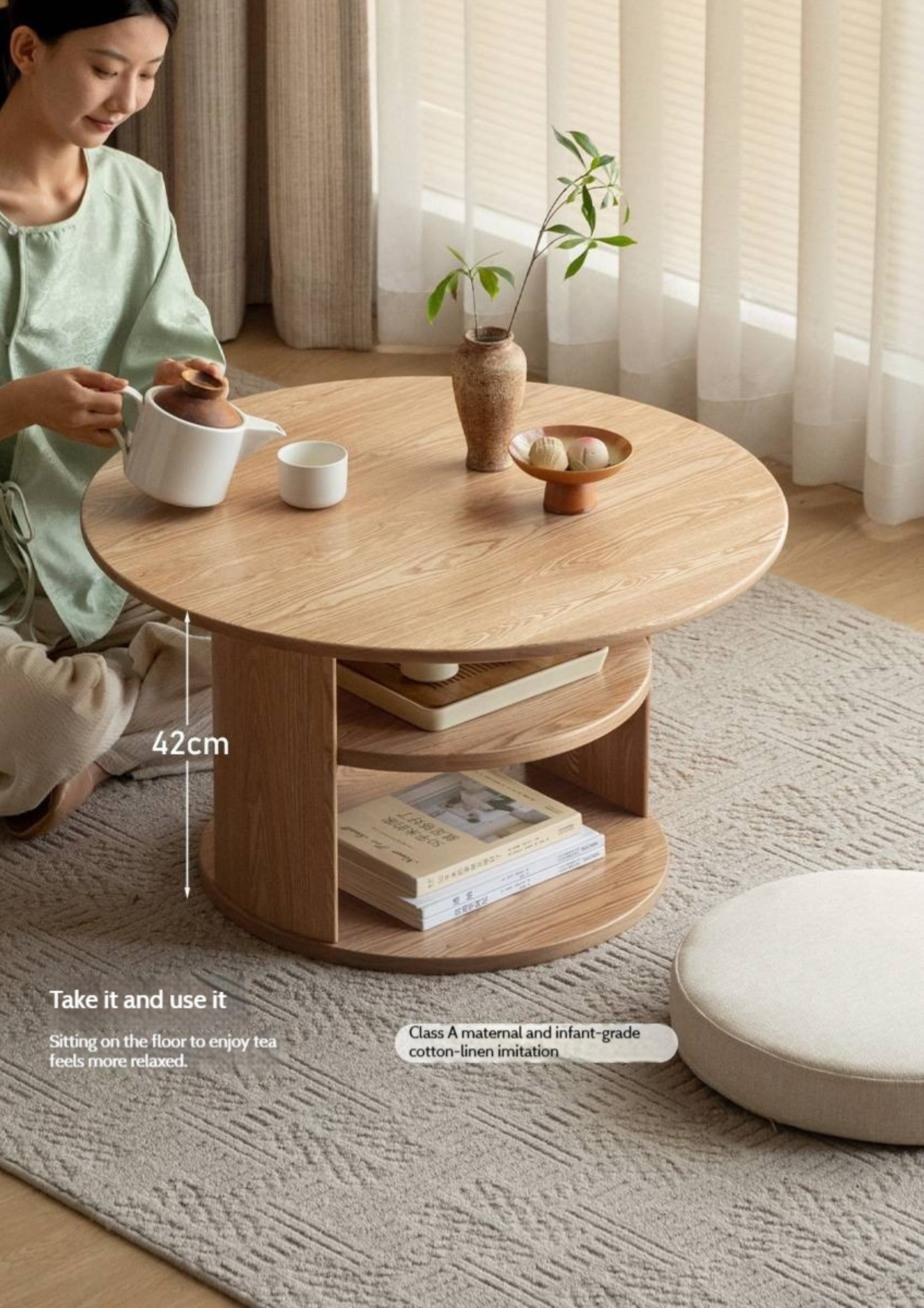 Pine Solid Wood Round Tea Table
