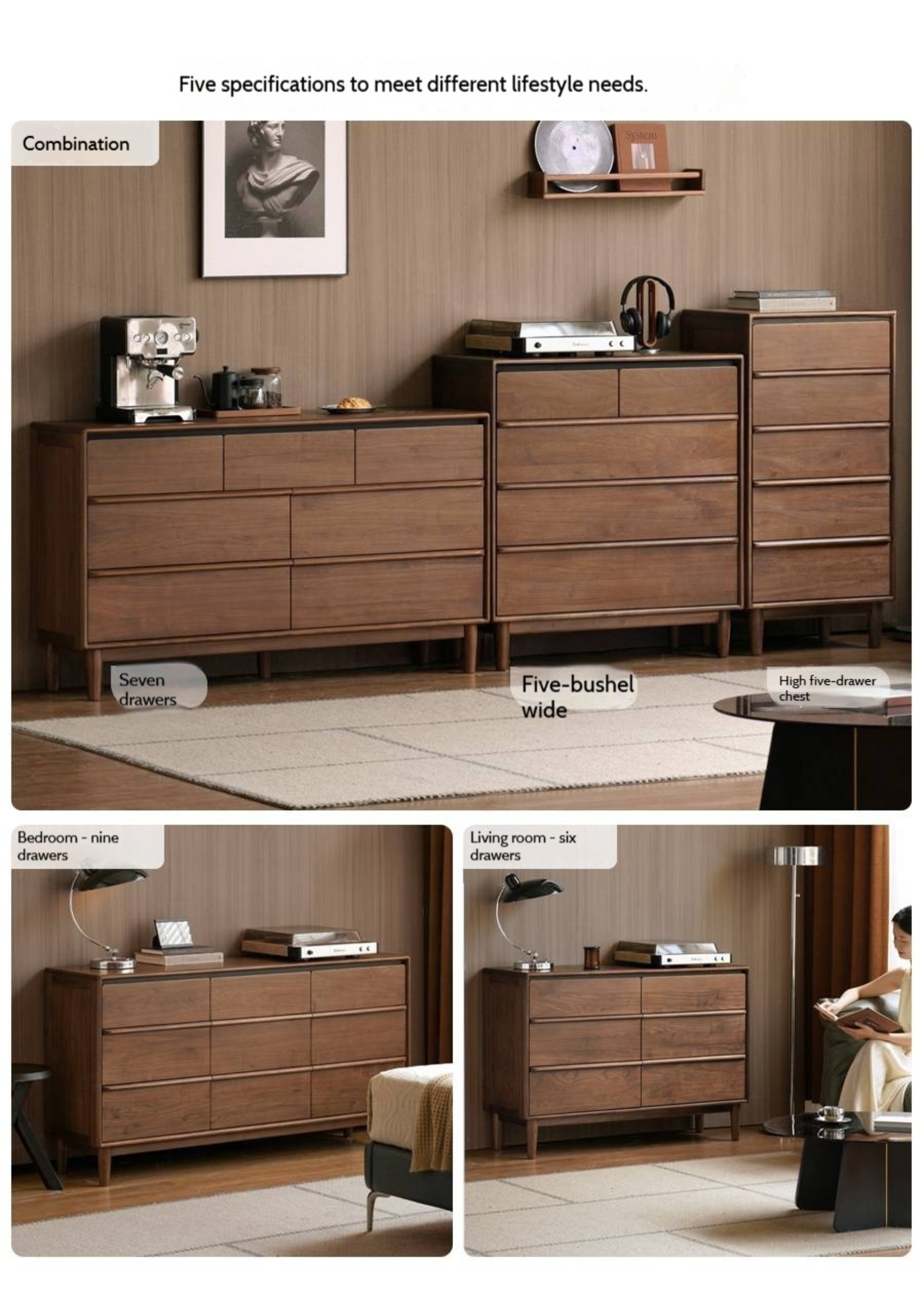Black Walnut Solid Wood Cabinet Italian Light Luxury Chest of Drawers