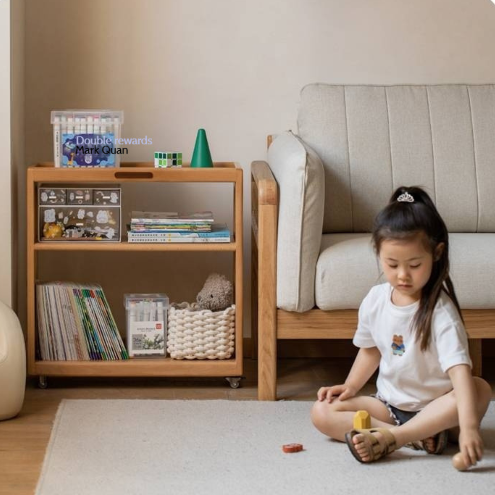 Beech Solid Wood Movable Children's Montessori Under-Table Bookshelf with Wheels