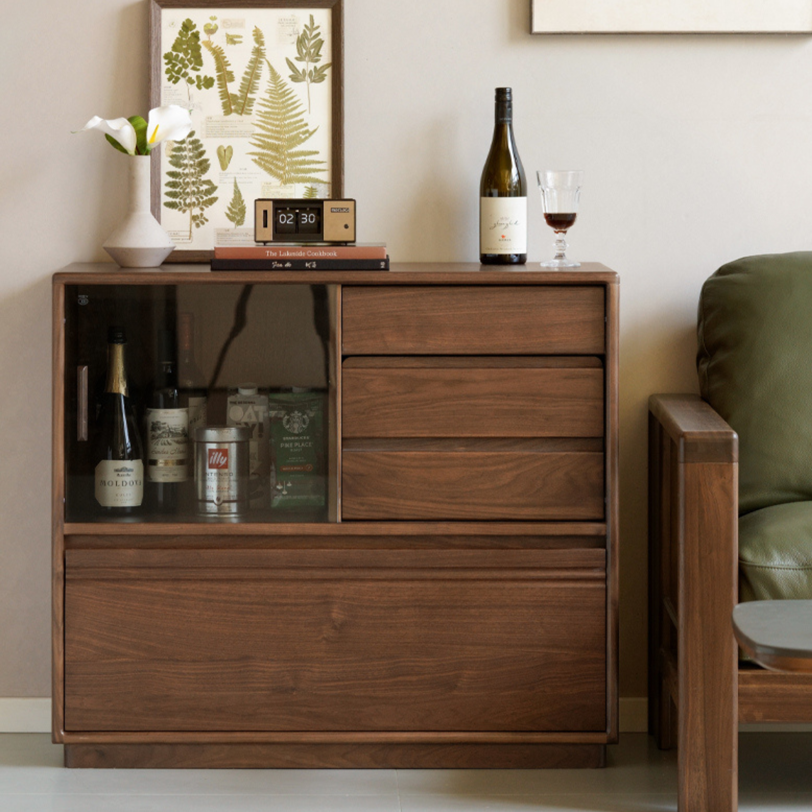 Black Walnut Solid Wood Modern Side Cabinet.