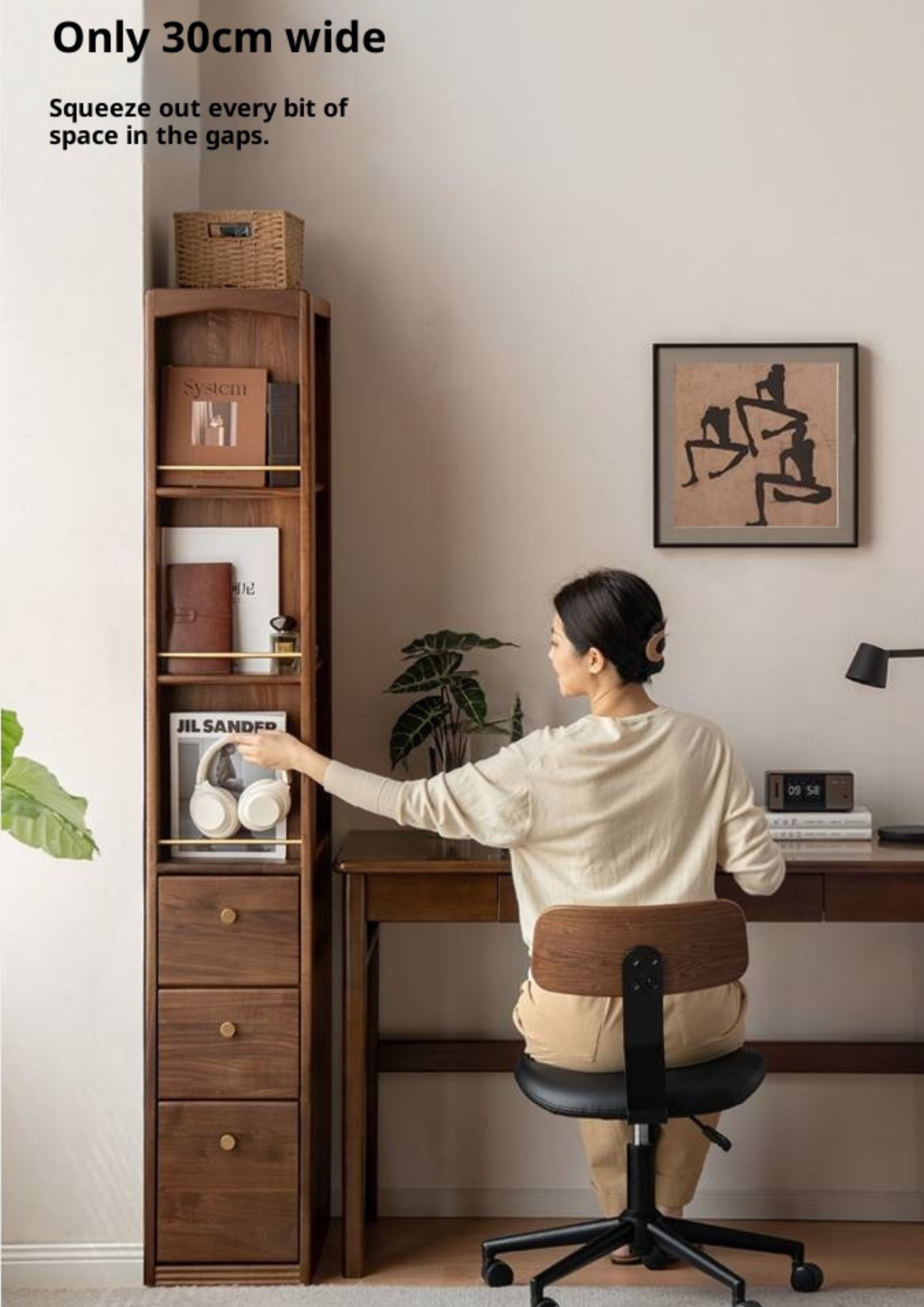 Black Walnut, Oak Solid Wood Narrow Bookcase