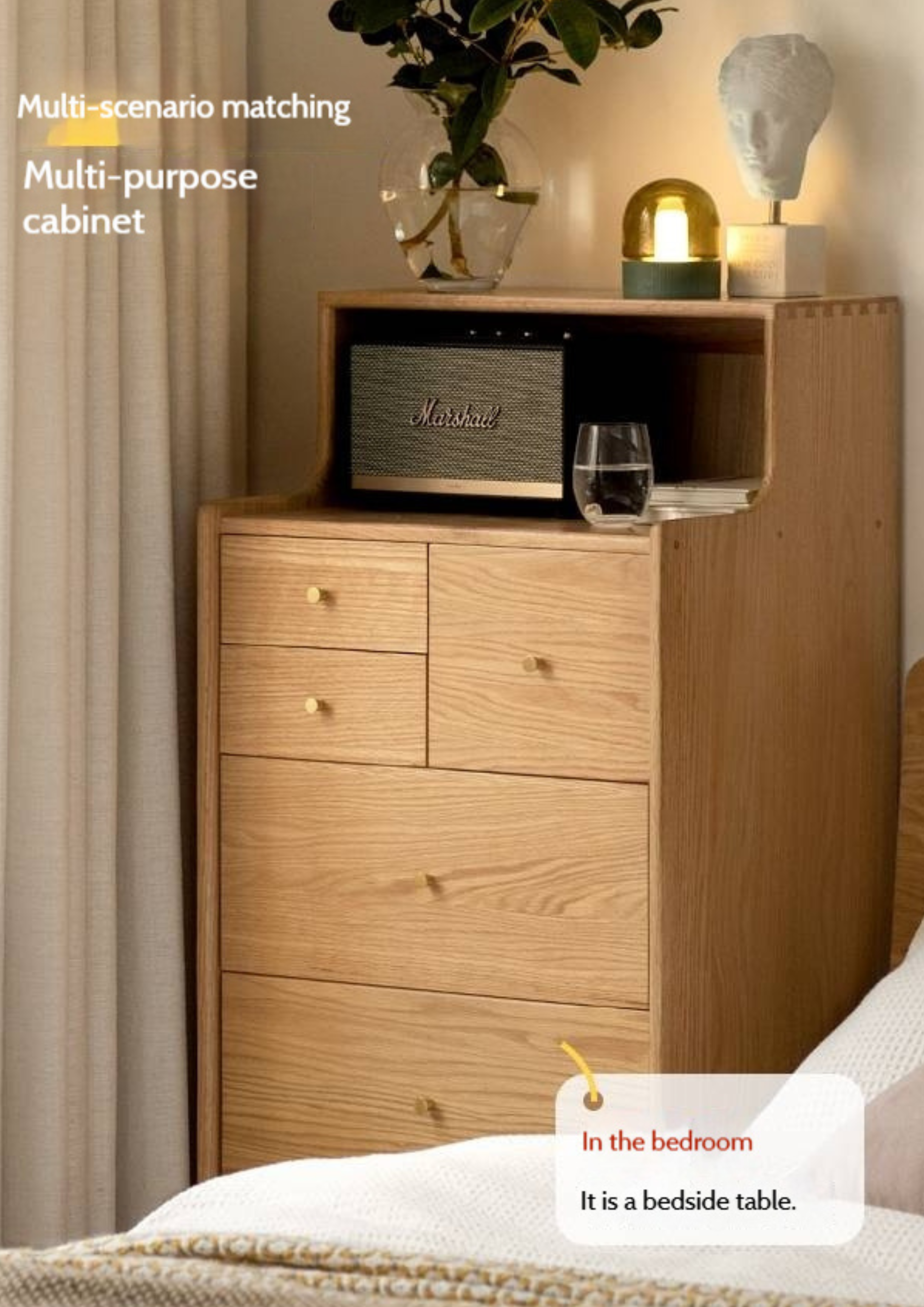 Oak Solid Wood Side Cabinet, Six-Drawer Chest.