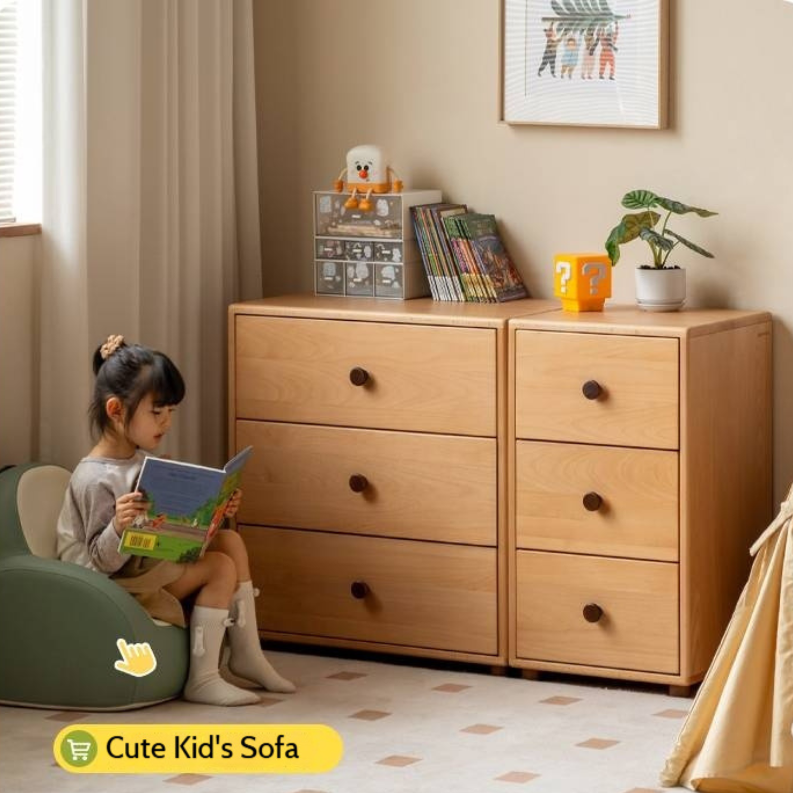 Solid Rubber Wood, Beech Solid Wood Nordic Style Children's Chest of Drawers