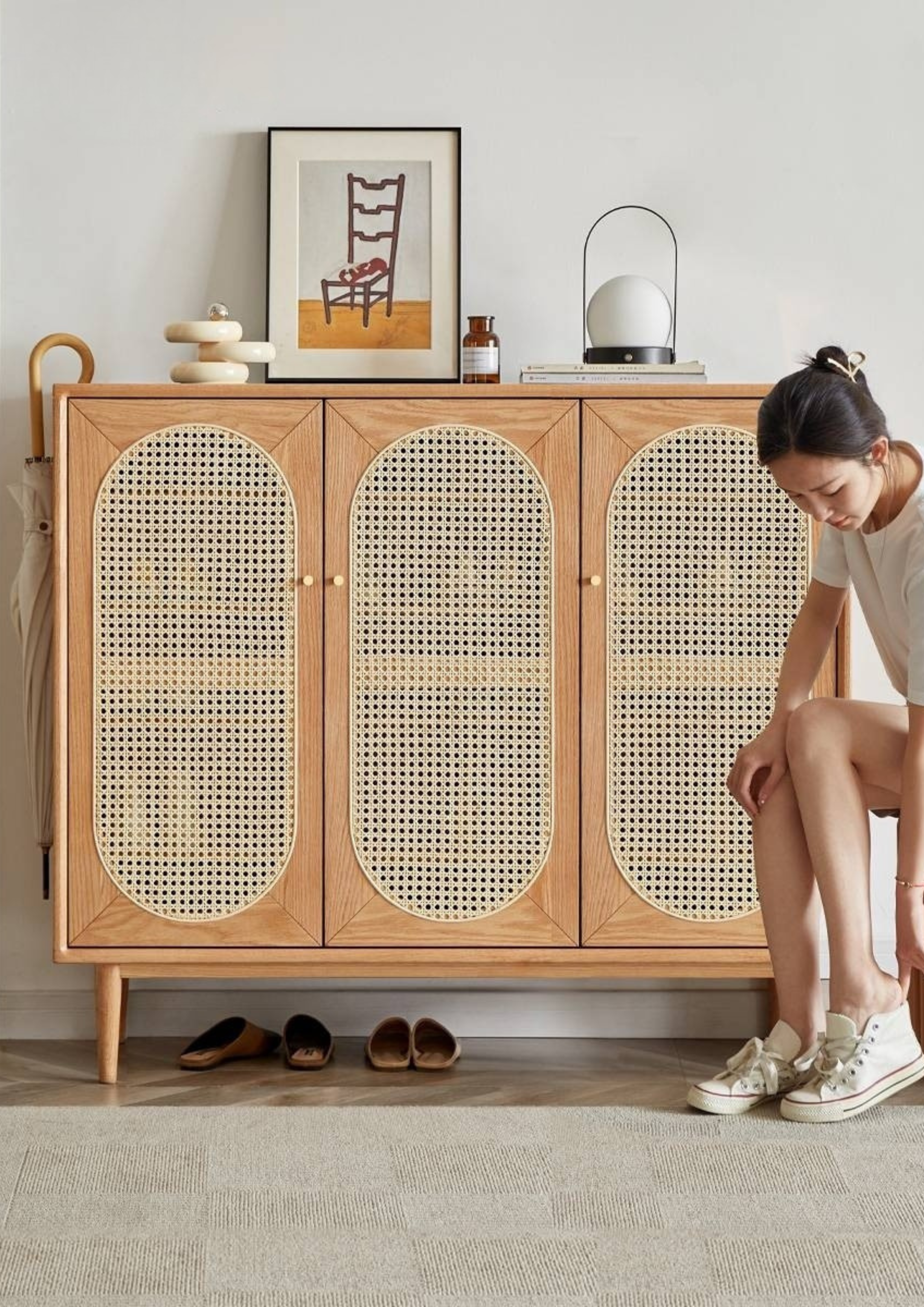 Oak Solid Wood Rattan Shoe Cabinet
