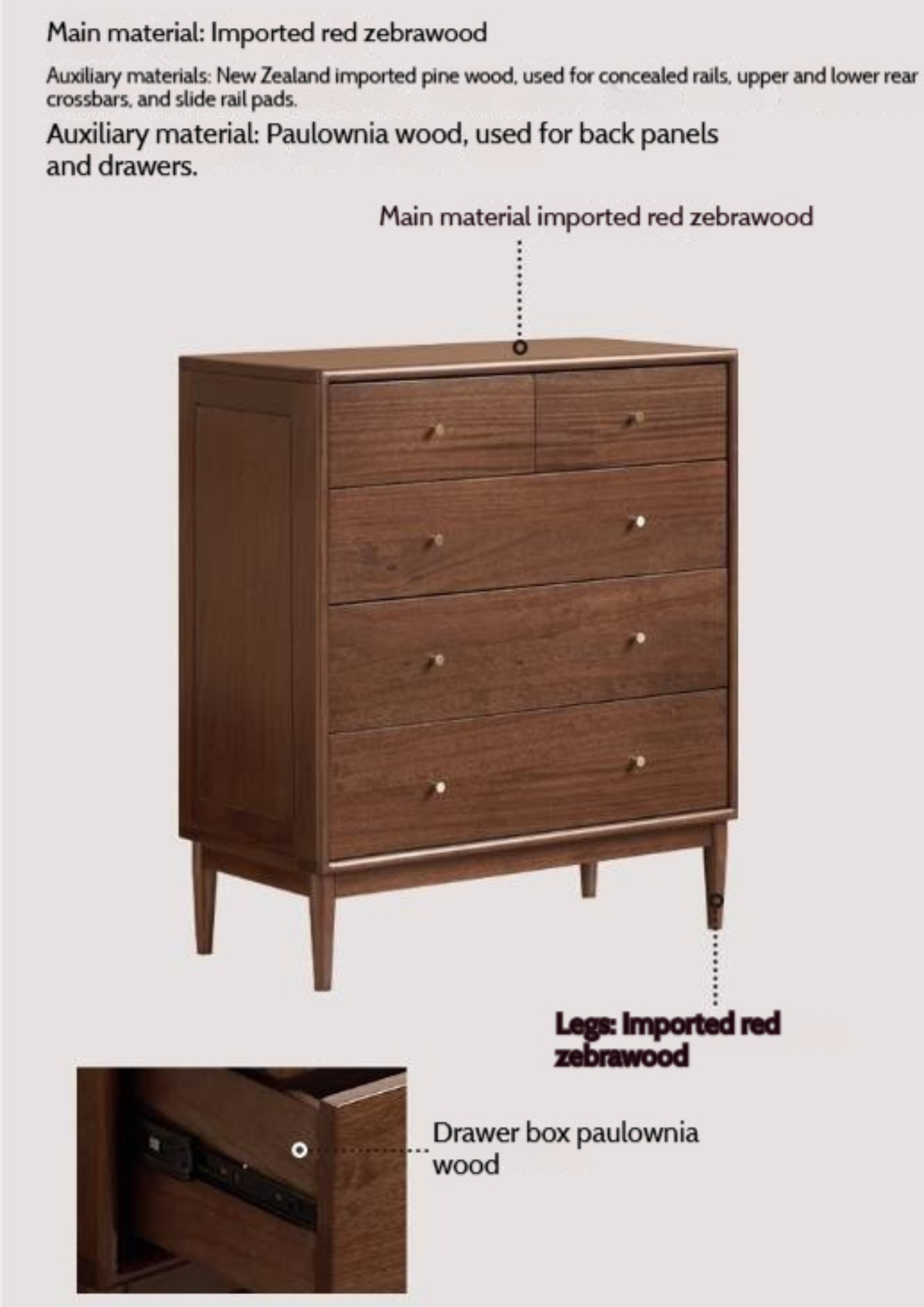 Red Zebrawood Solid Wood Modern Minimalist Chest of Drawers