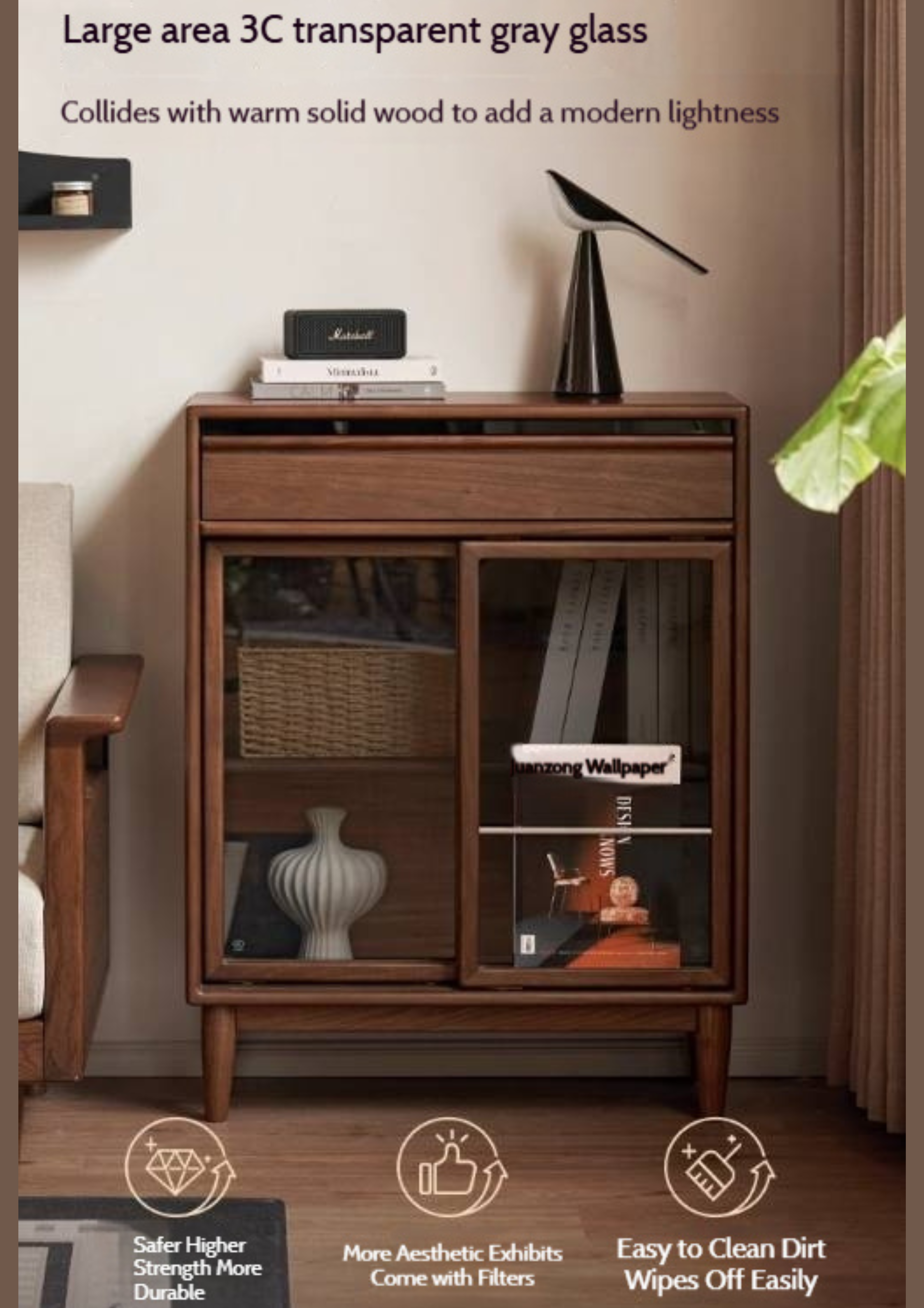 Black Walnut Solid Wood Modern Side Cabinet