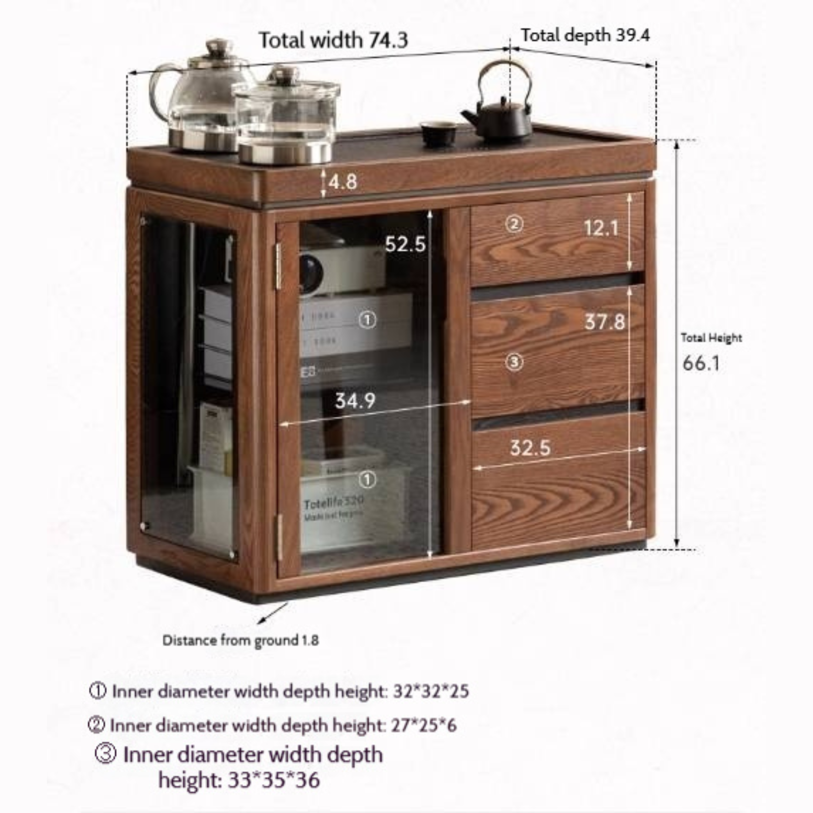 Ash Solid Wood Mobile Kettle Integrated Tea Cabinet