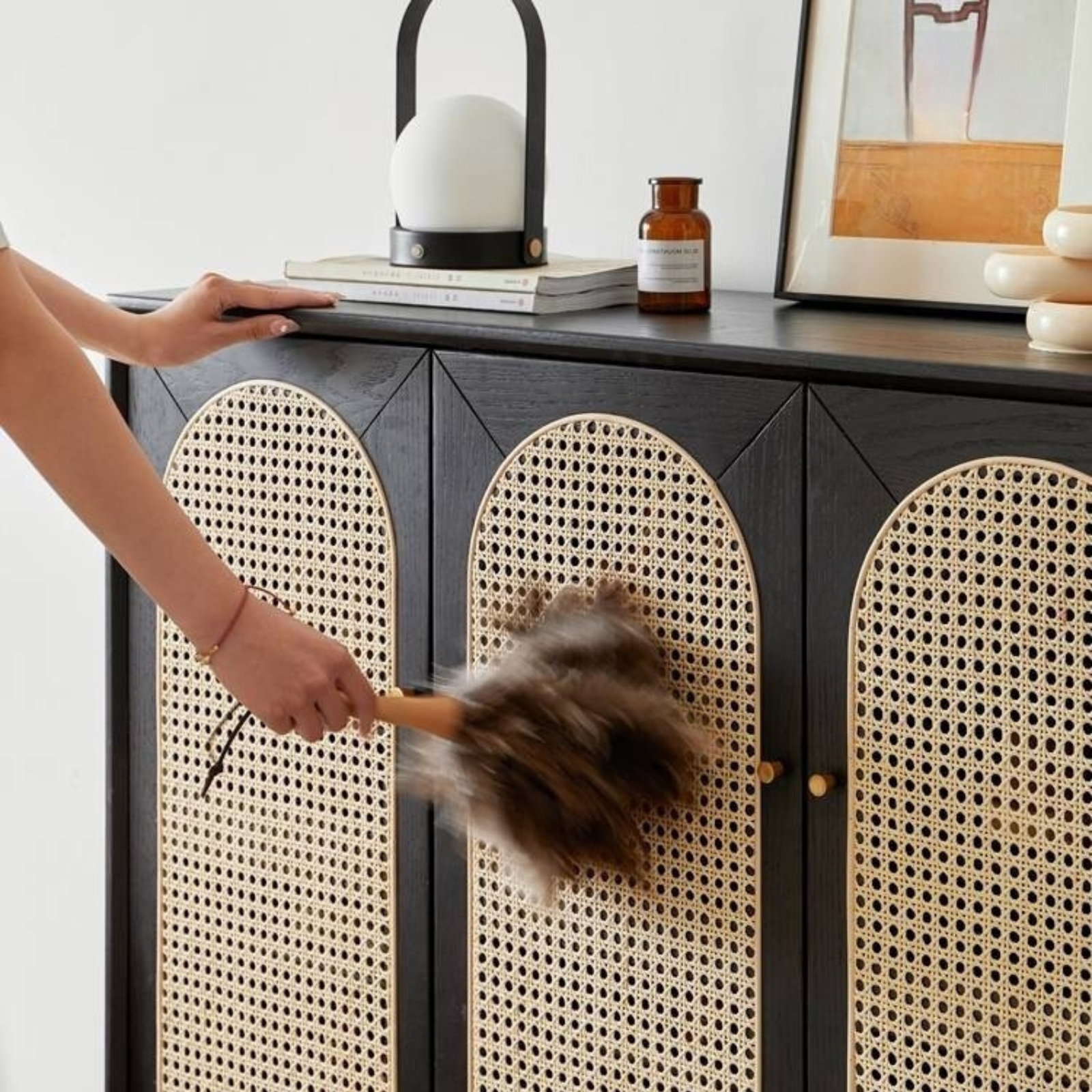 Oak Solid Wood Black Rattan Shoe Cabinet