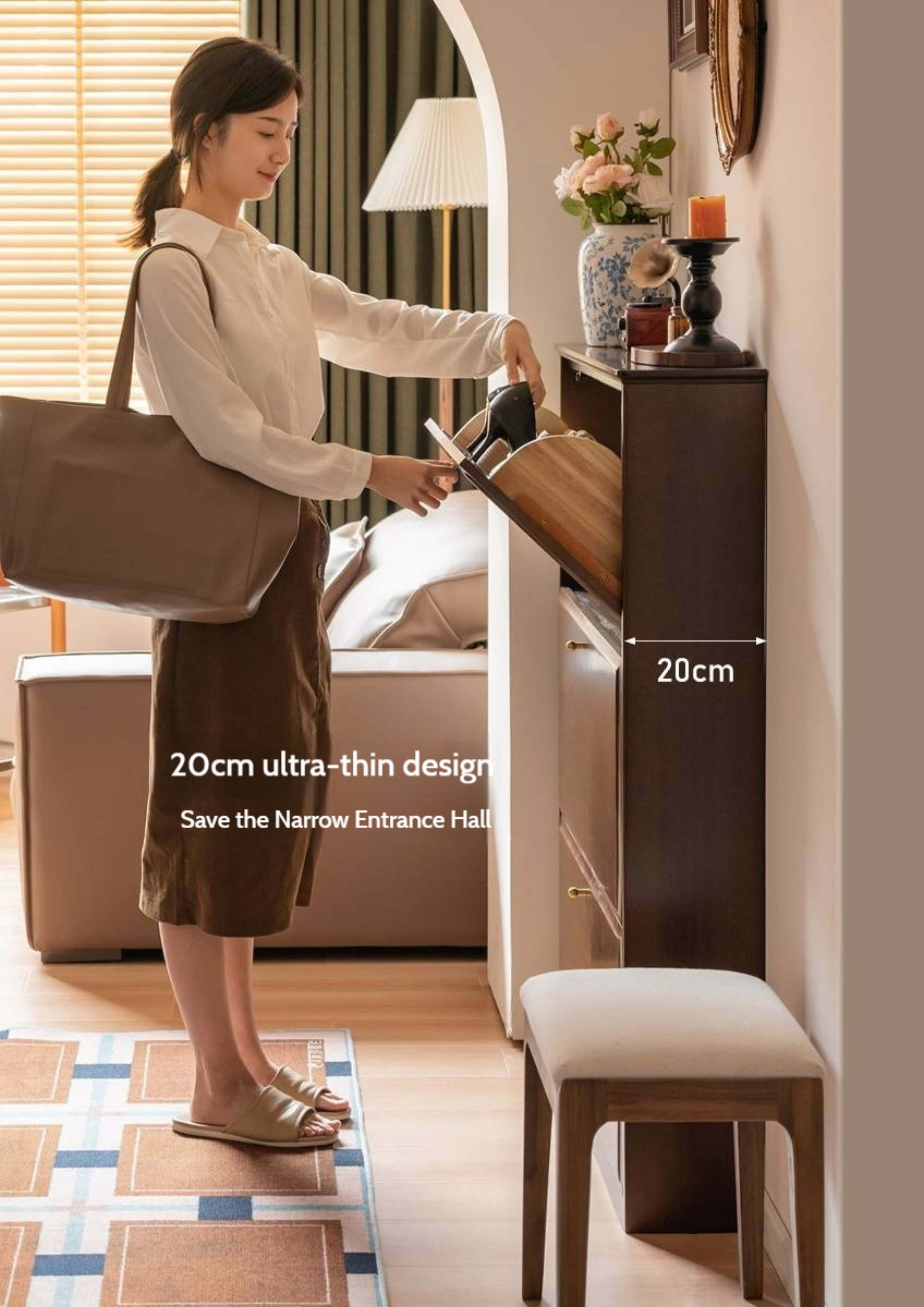 Poplar, Solid Rubber Wood Retro Narrow Shoe Cabinet