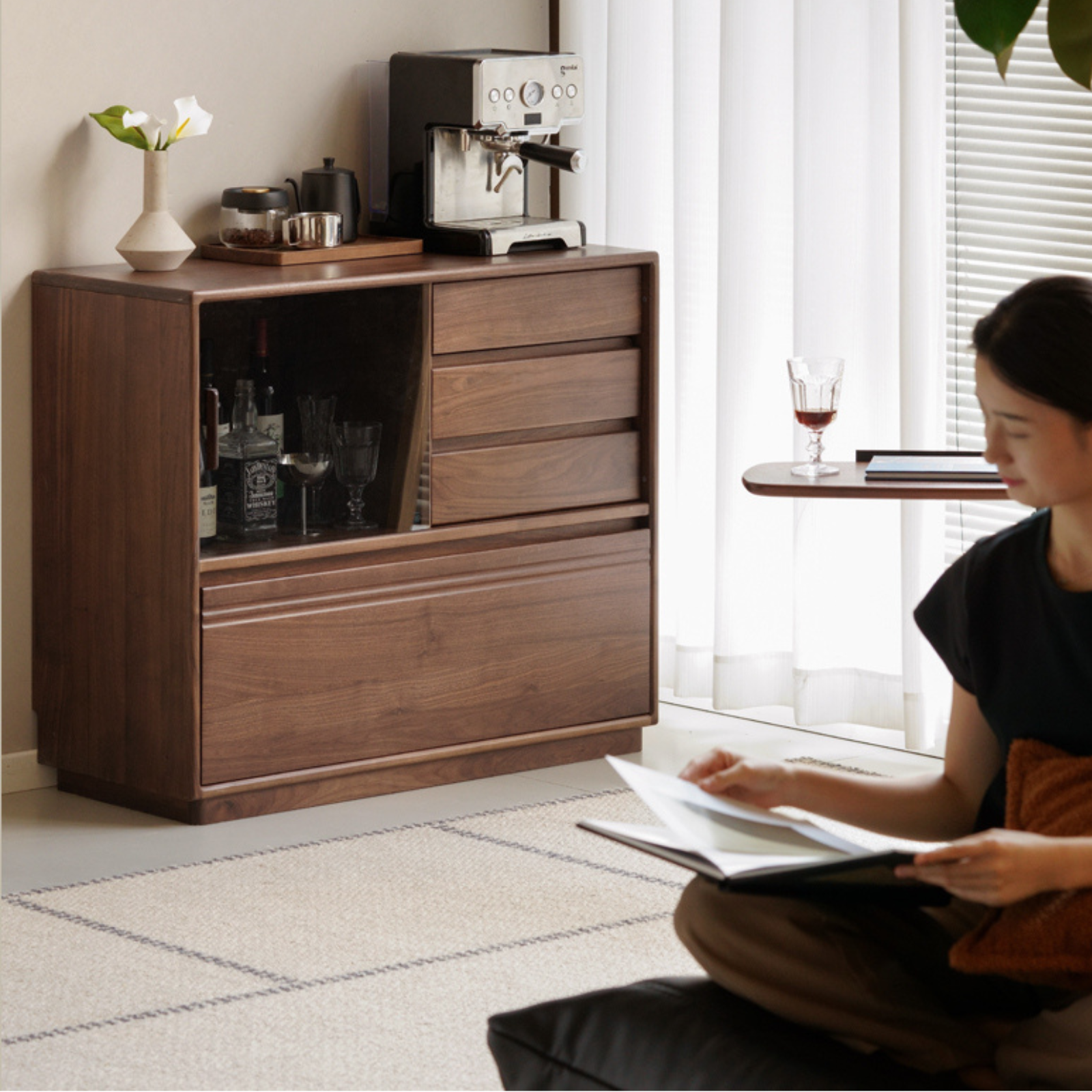 Black Walnut Solid Wood Modern Side Cabinet.