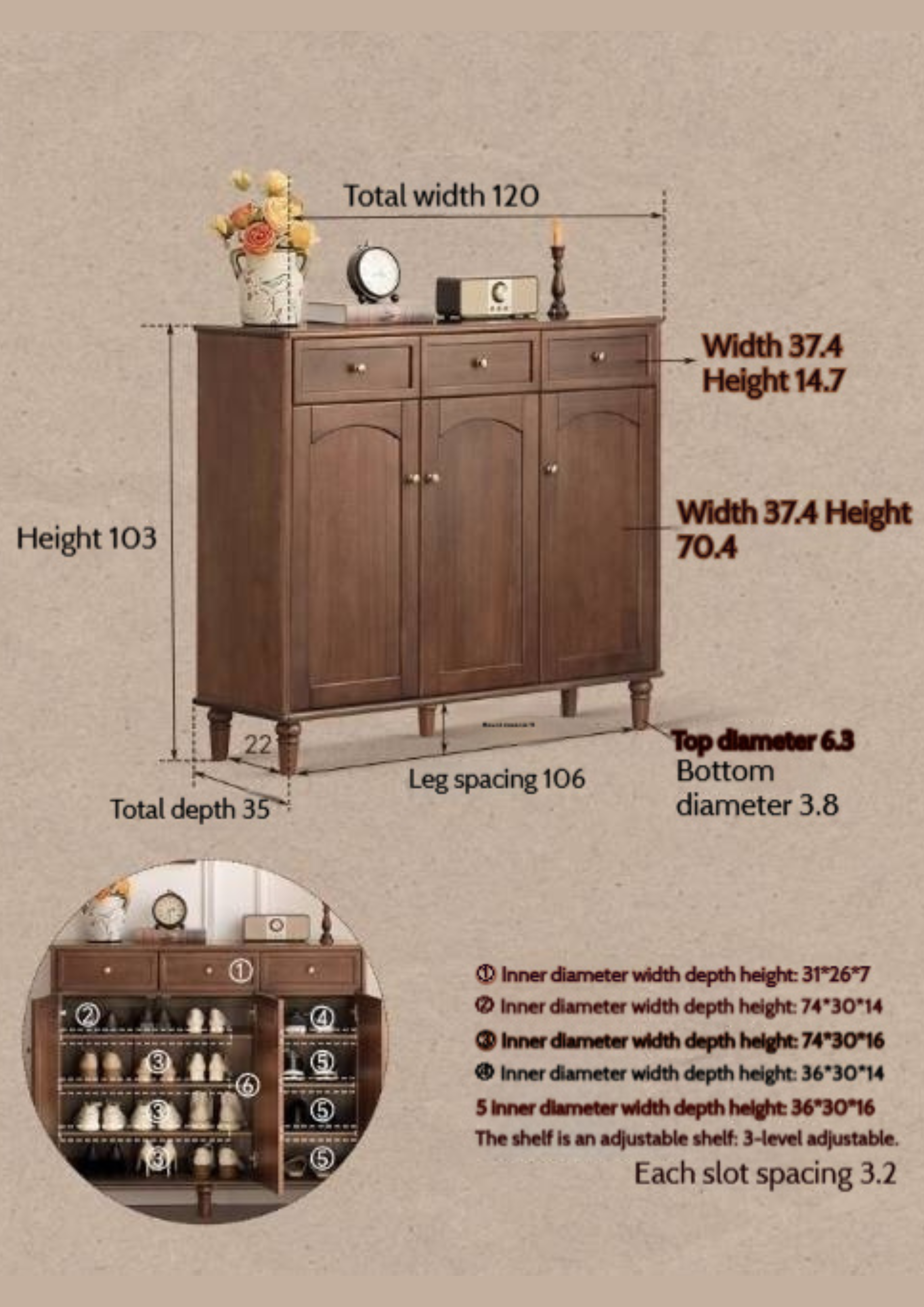 Sandalwood Solid Wood American Retro Storage Shoe Cabinet.