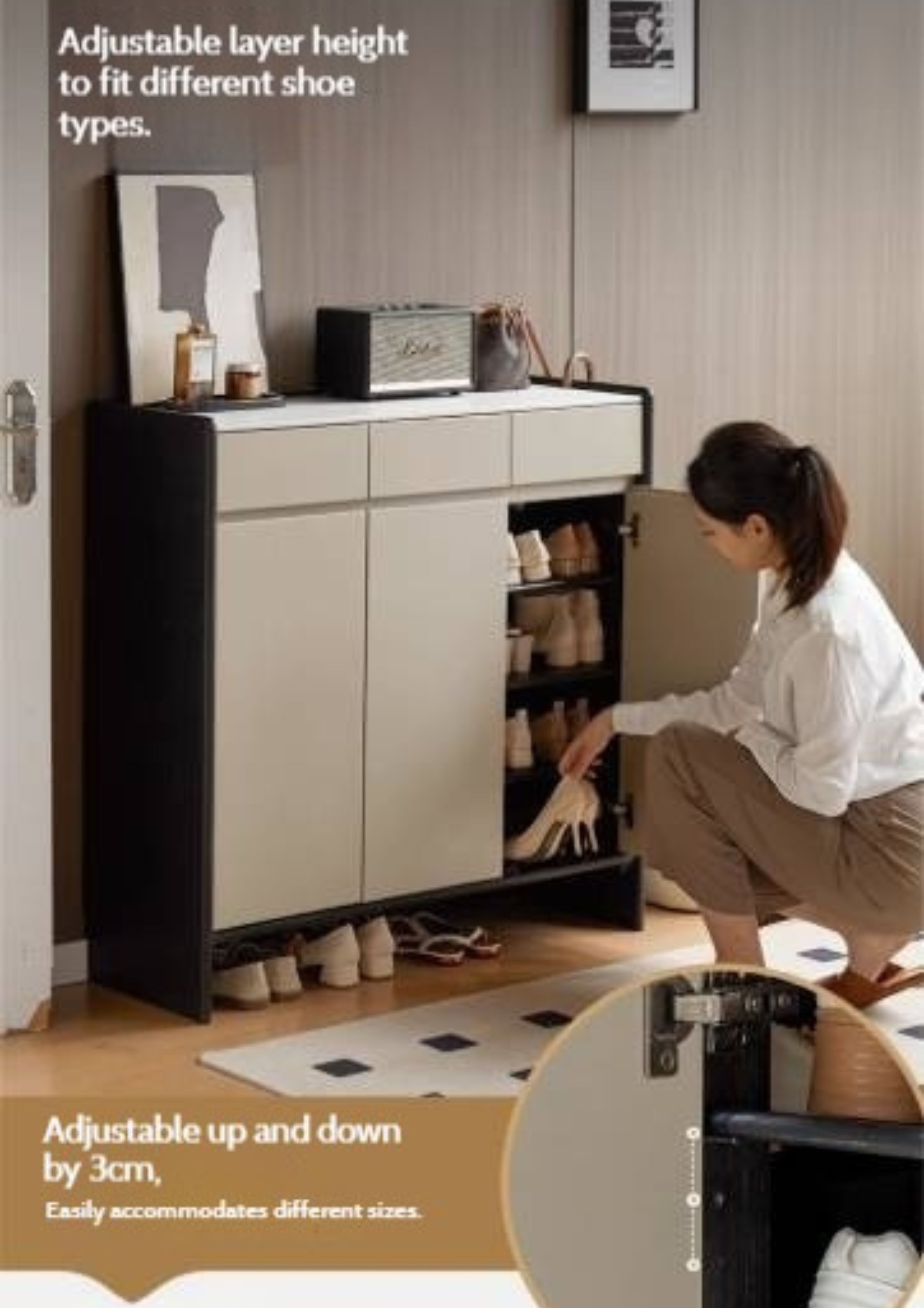 Oak, Rubberwood Solid Wood Porch Cabinet, Shoe Cabinet Slate Top