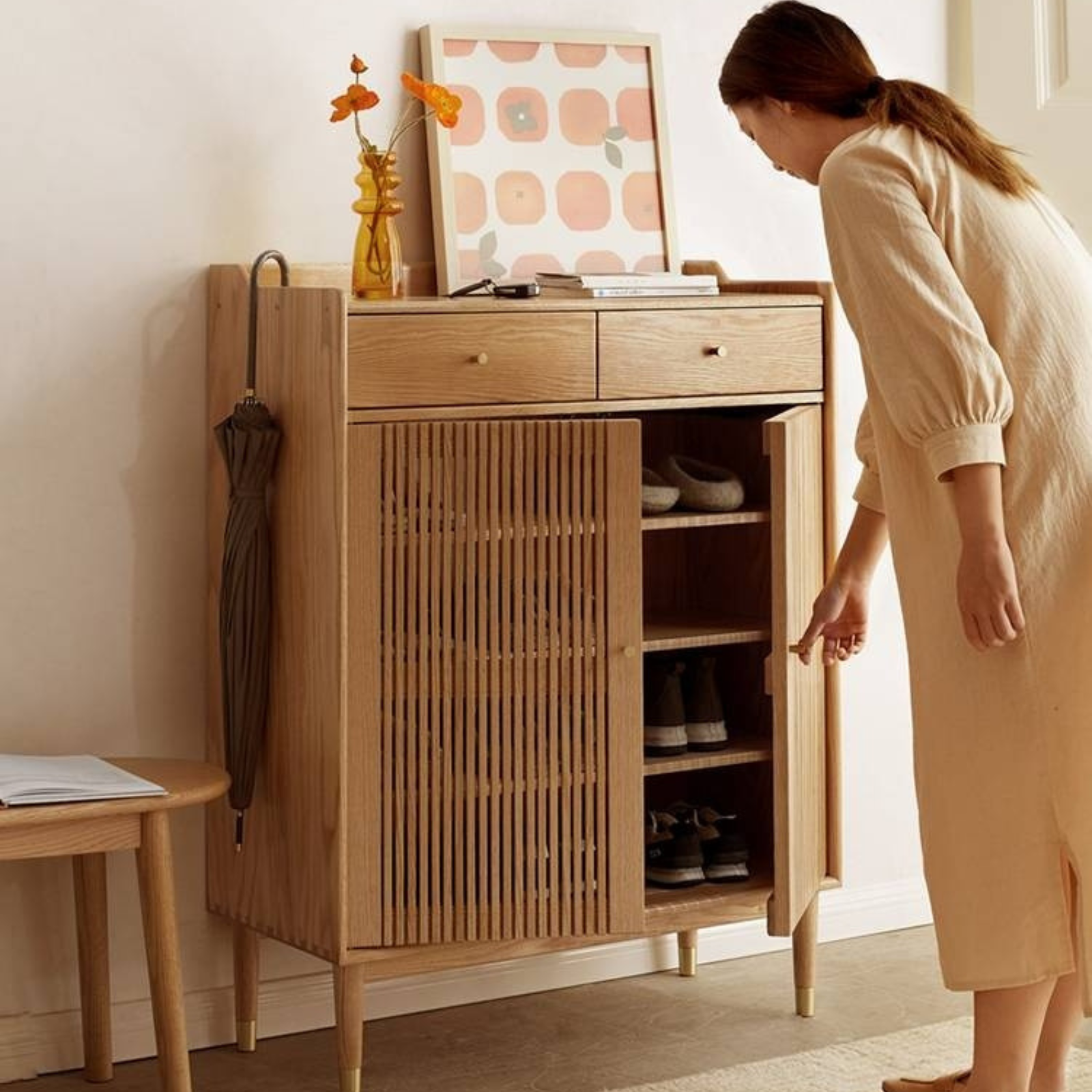 Oak Solid Wood Modern Nordic Storage Shoe Cabinet