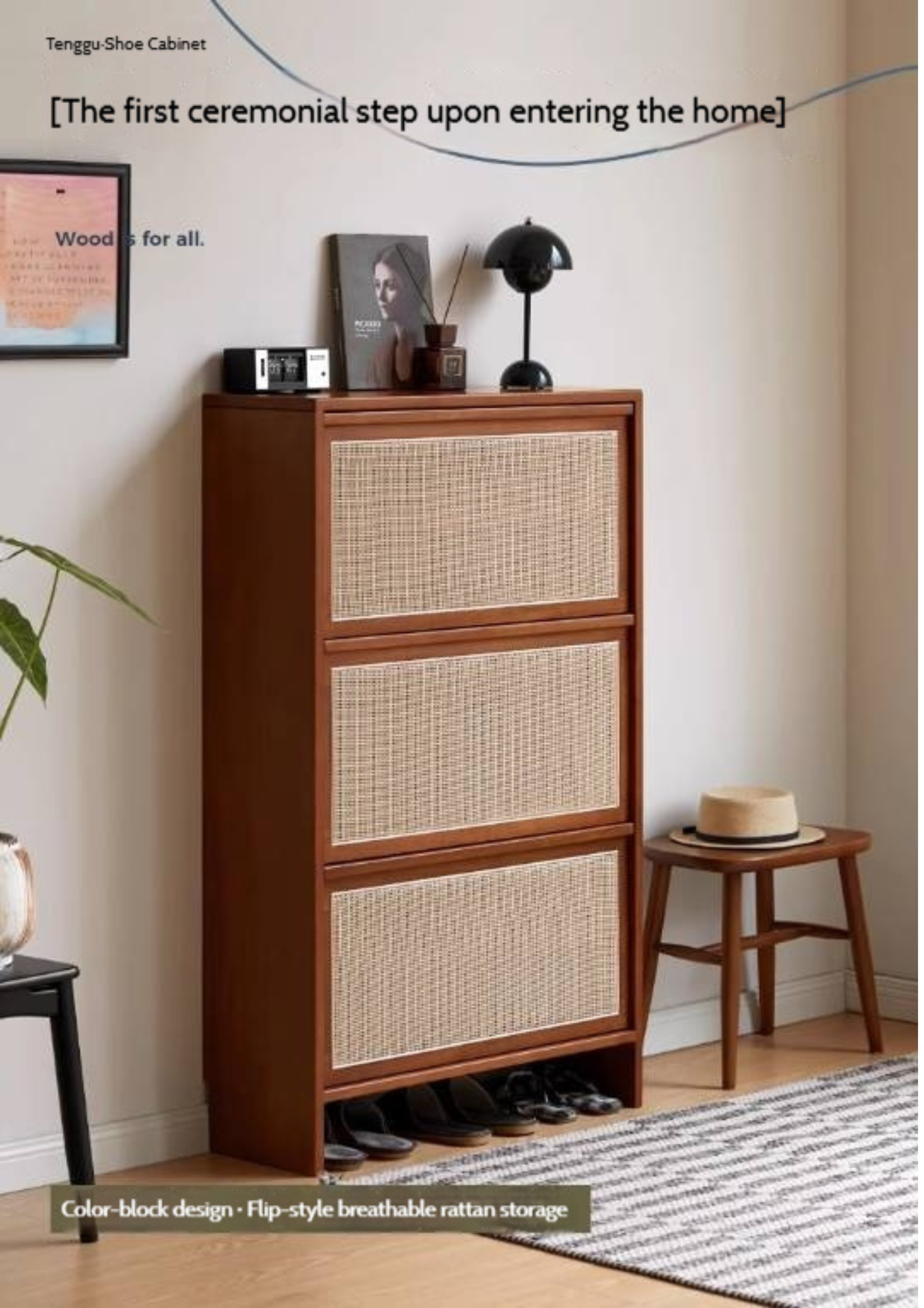 Tulipwood Solid Wood Rattan Shoe Cabinet Antique Style