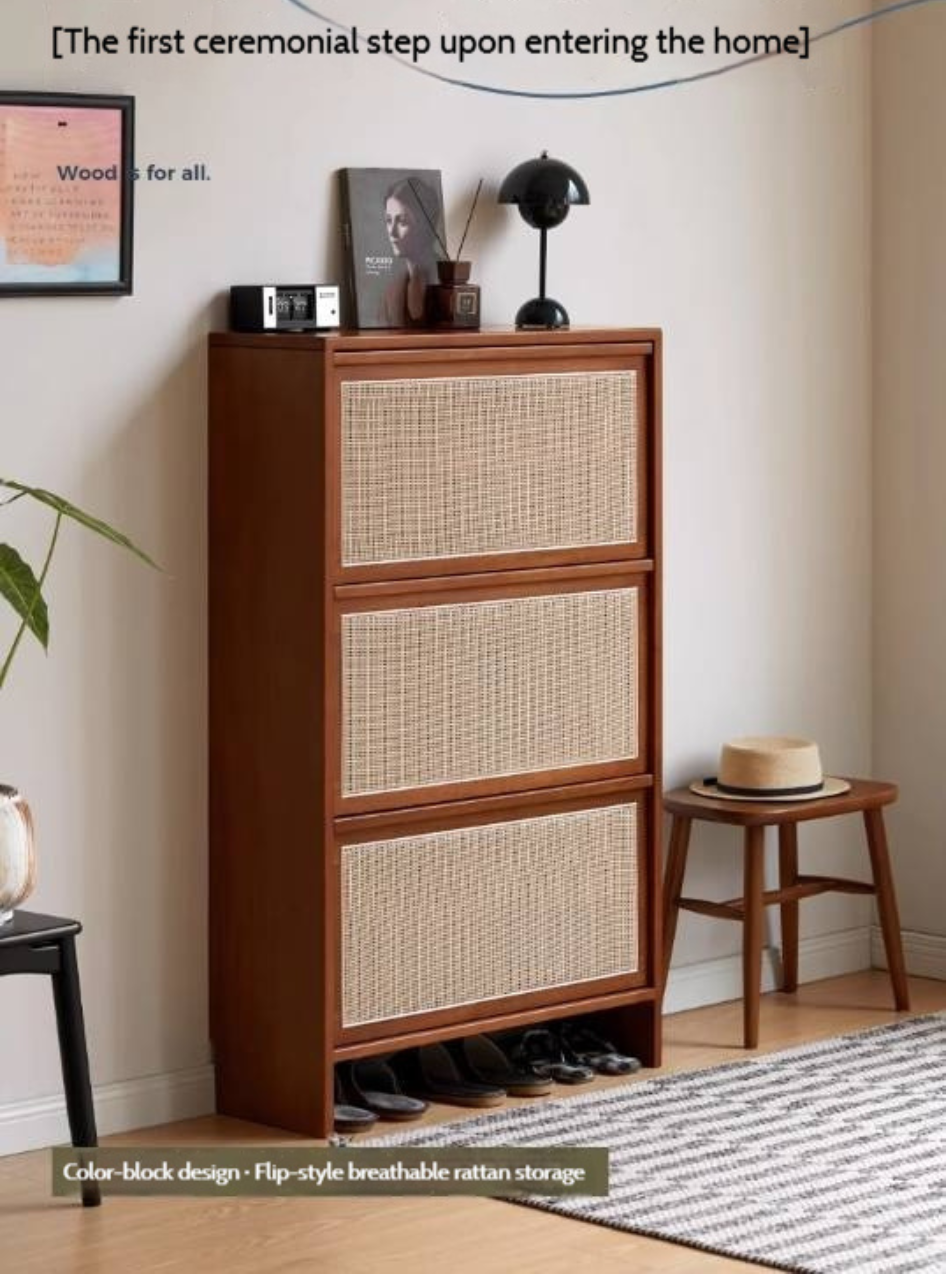 Oak,Tulipwood Solid Wood Rattan Shoe Cabinet, Slim Entryway Storage Cabinet