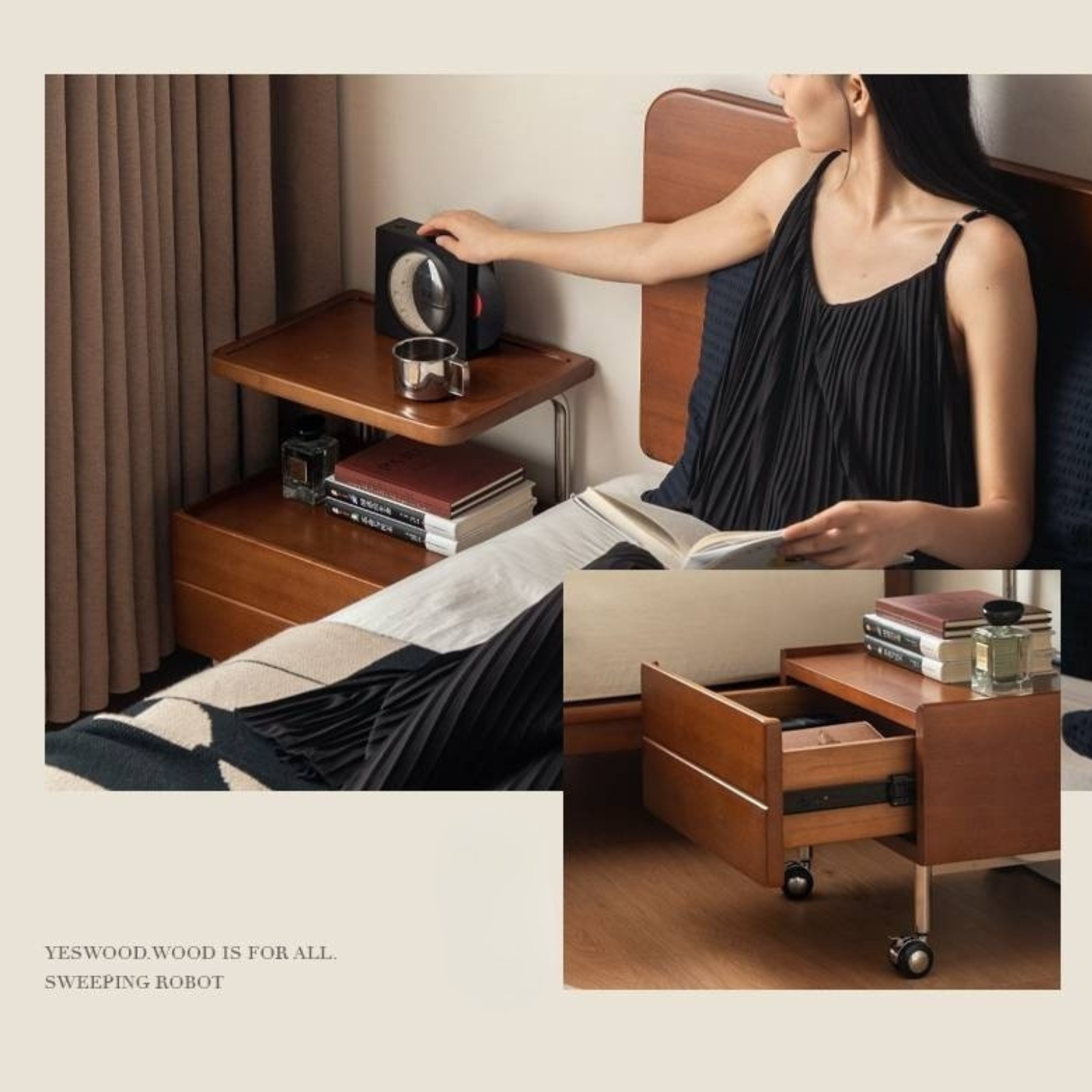 Poplar Solid Wood Vintage Style Mobile Nightstand