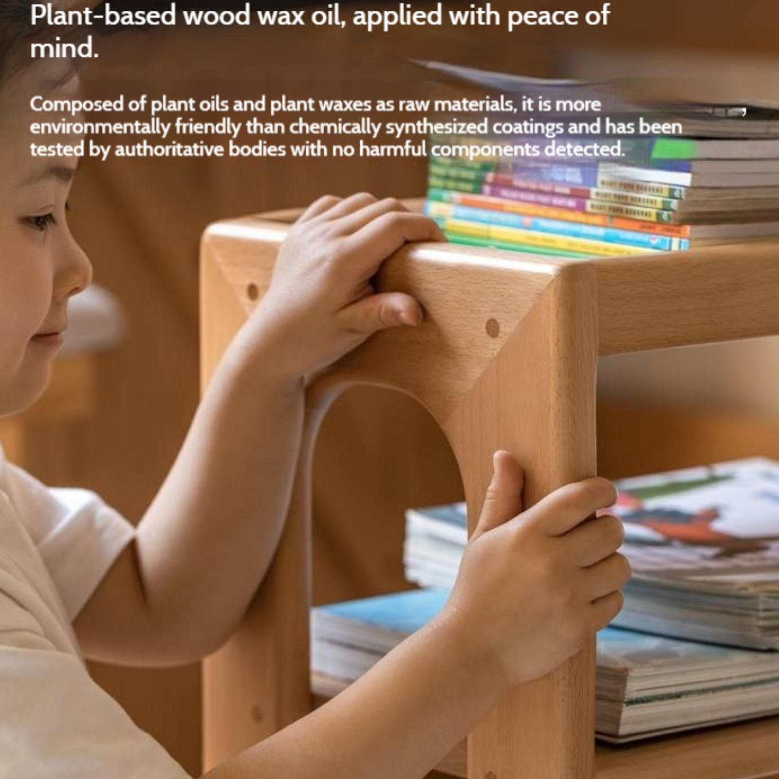 Beech Solid Wood Movable Children's Montessori Under-Table Bookshelf with Wheels