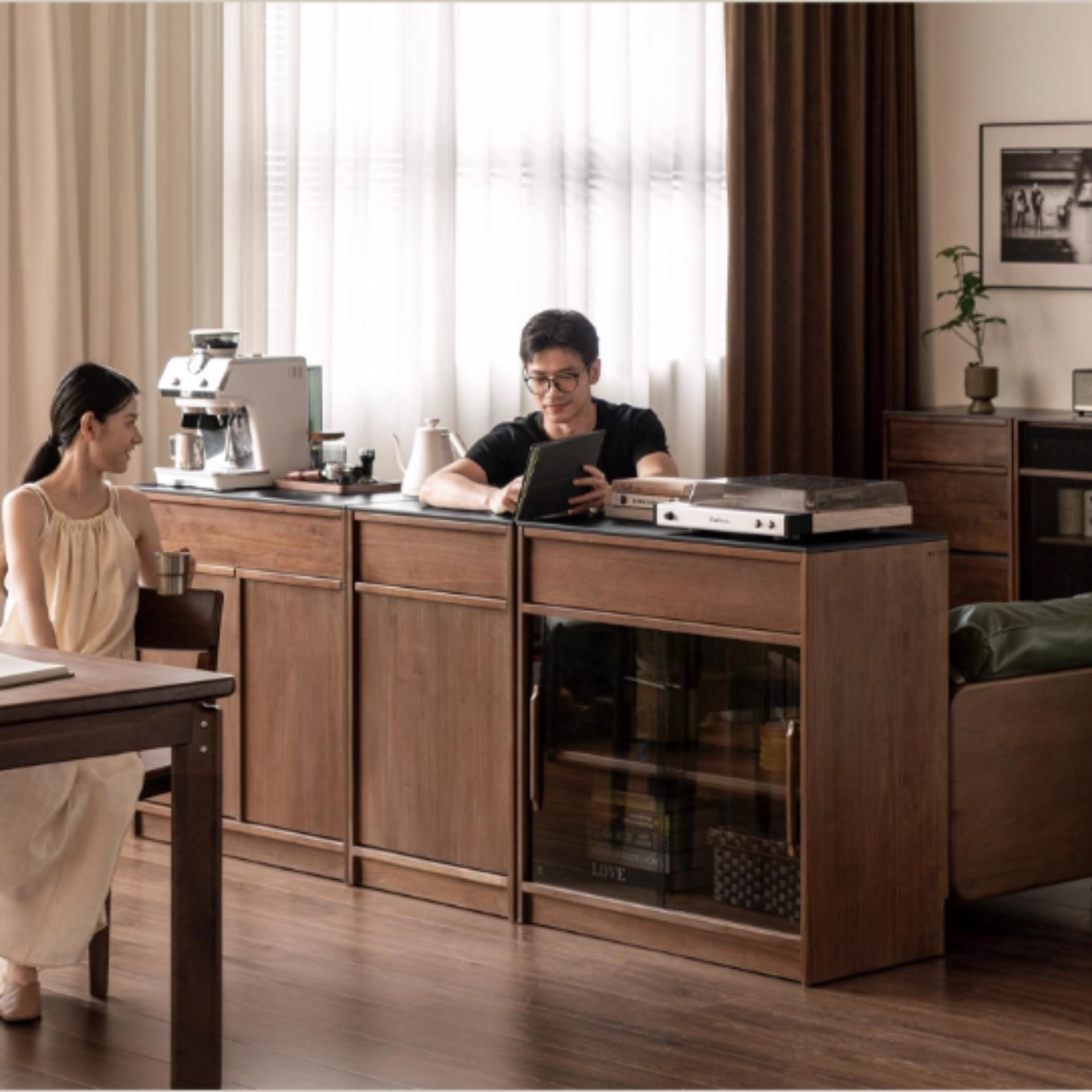 Black Walnut, Ash Solid Wood Light Luxury Style Rock Board Sideboard