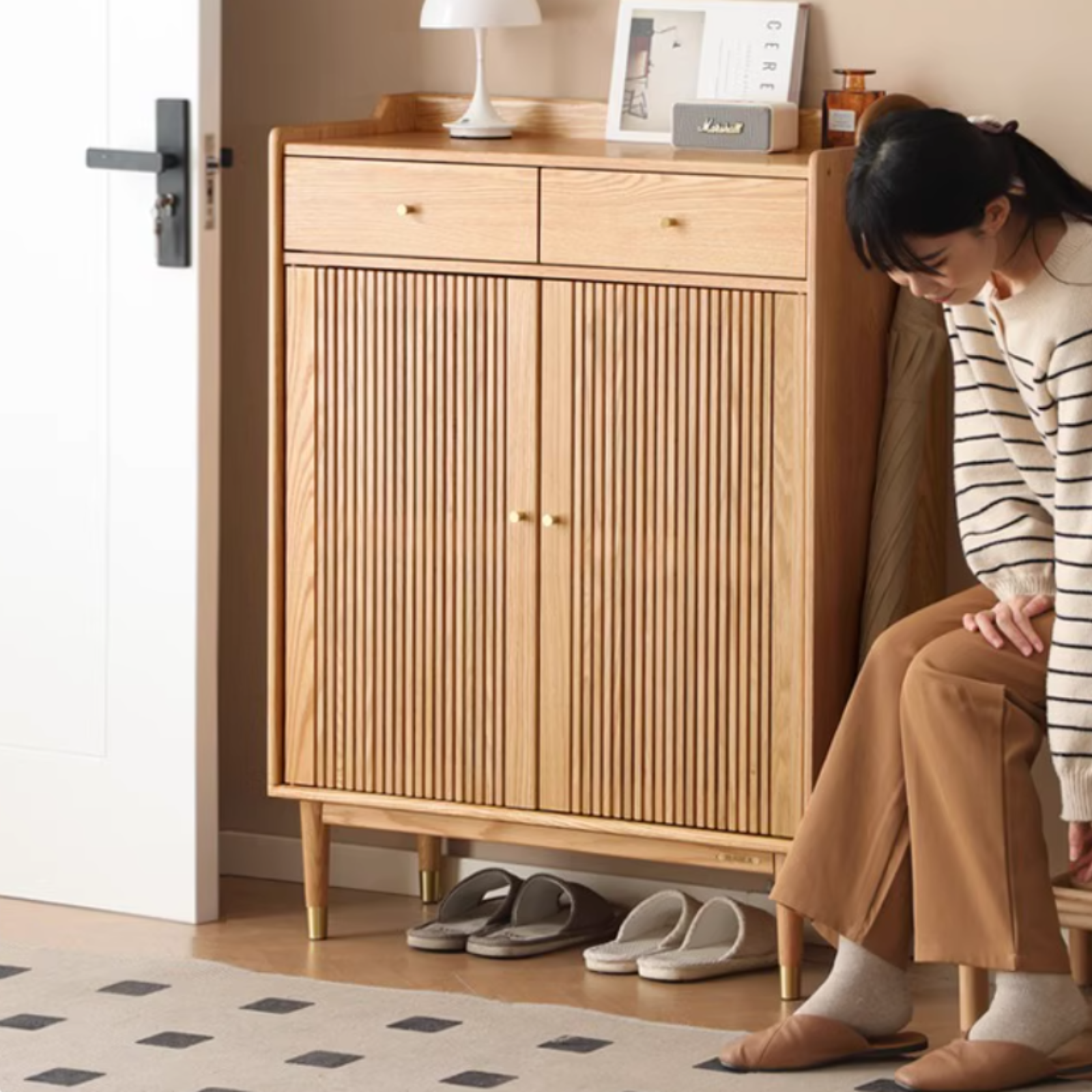 Oak Modern Nordic Shoe Cabinet.