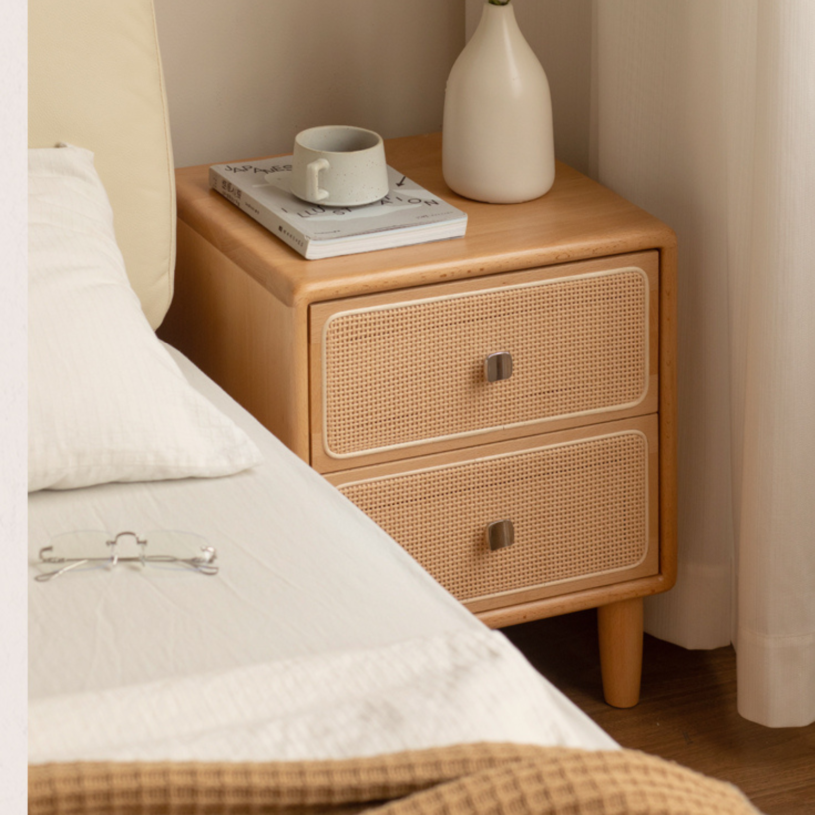 Beech Solid Wood Rattan Log Style Nightstand