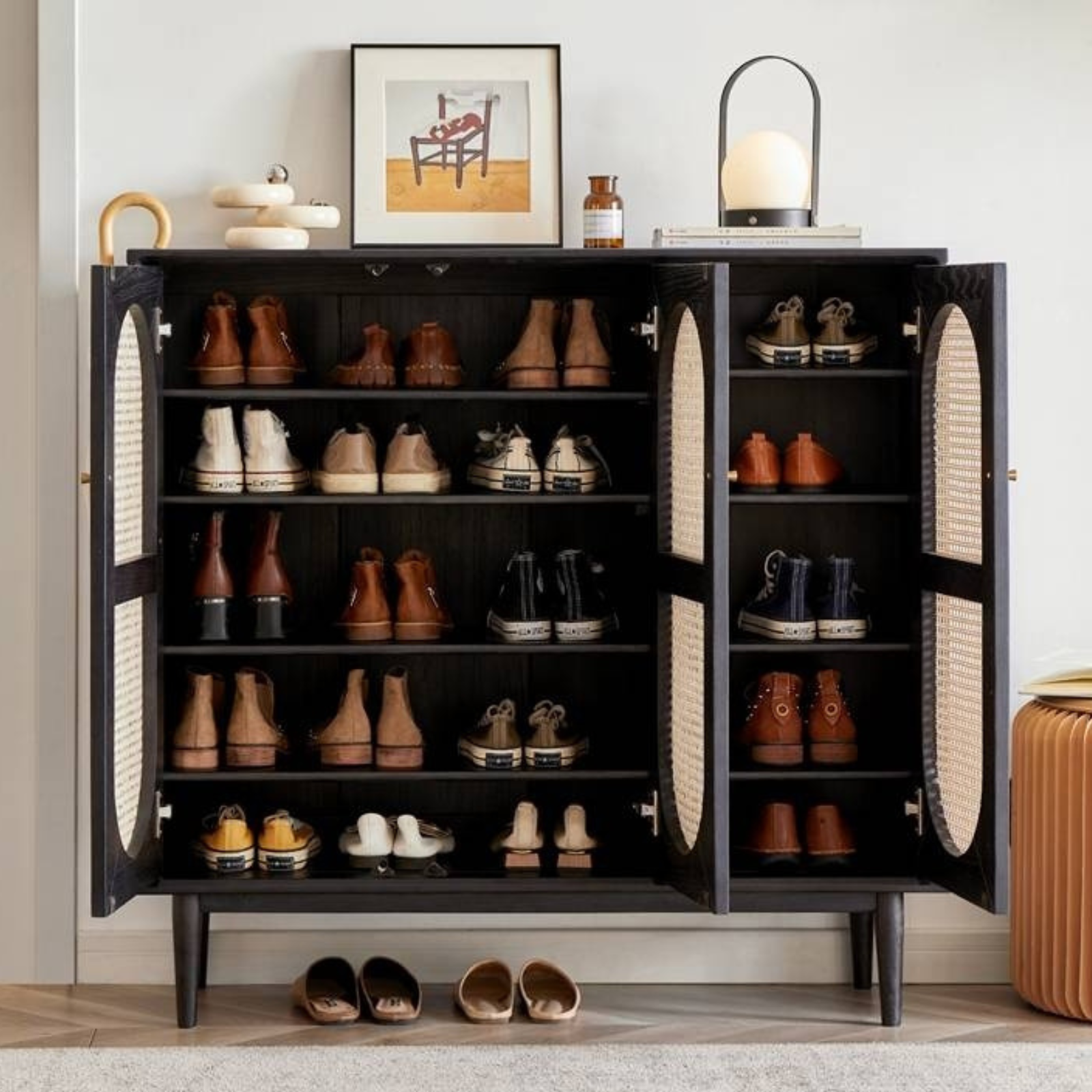 Oak Solid Wood Black Rattan Shoe Cabinet