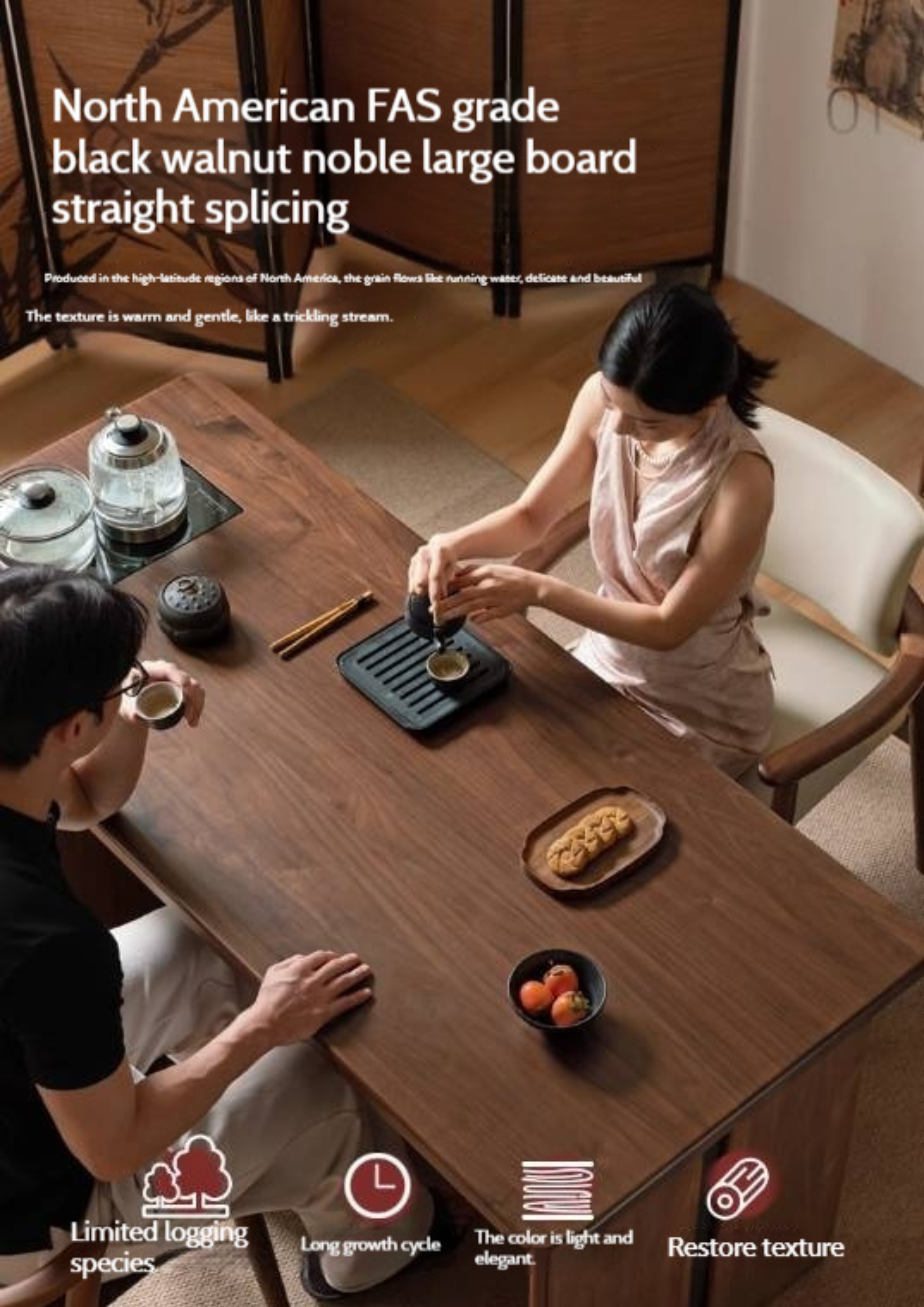 Black Walnut Solid Wood Rectangular Tea Table with Tea Tray