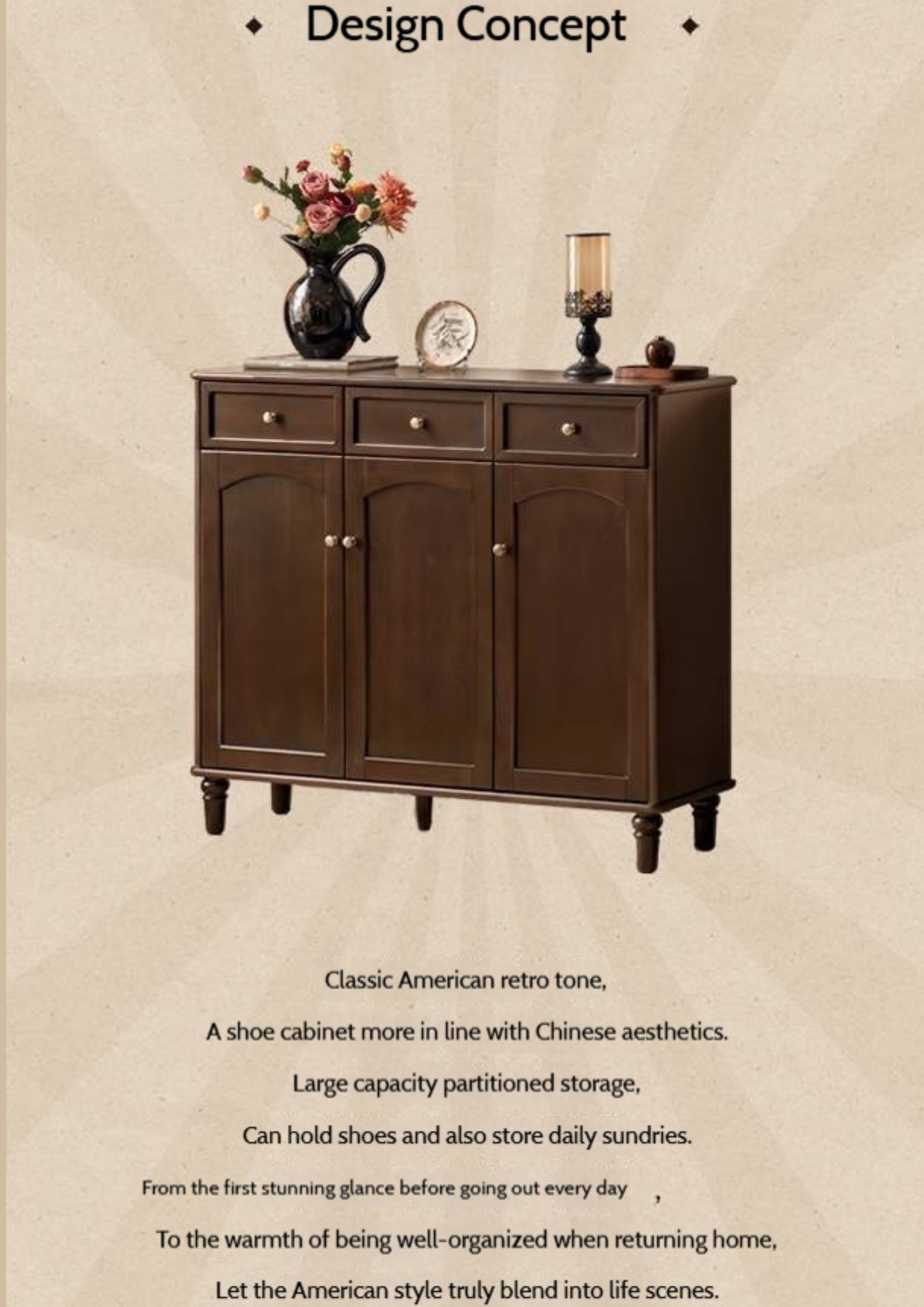 Poplar Solid Wood American Retro Shoe Cabinet