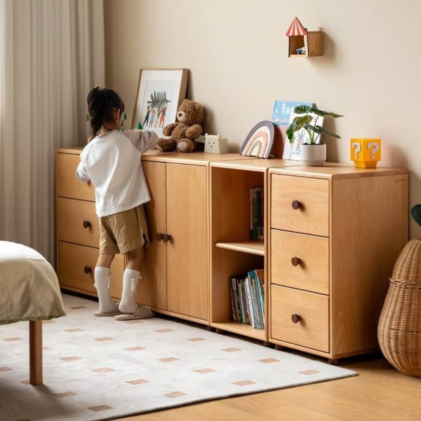 Solid Rubber Wood, Beech Solid Wood Nordic Style Children's Chest of Drawers