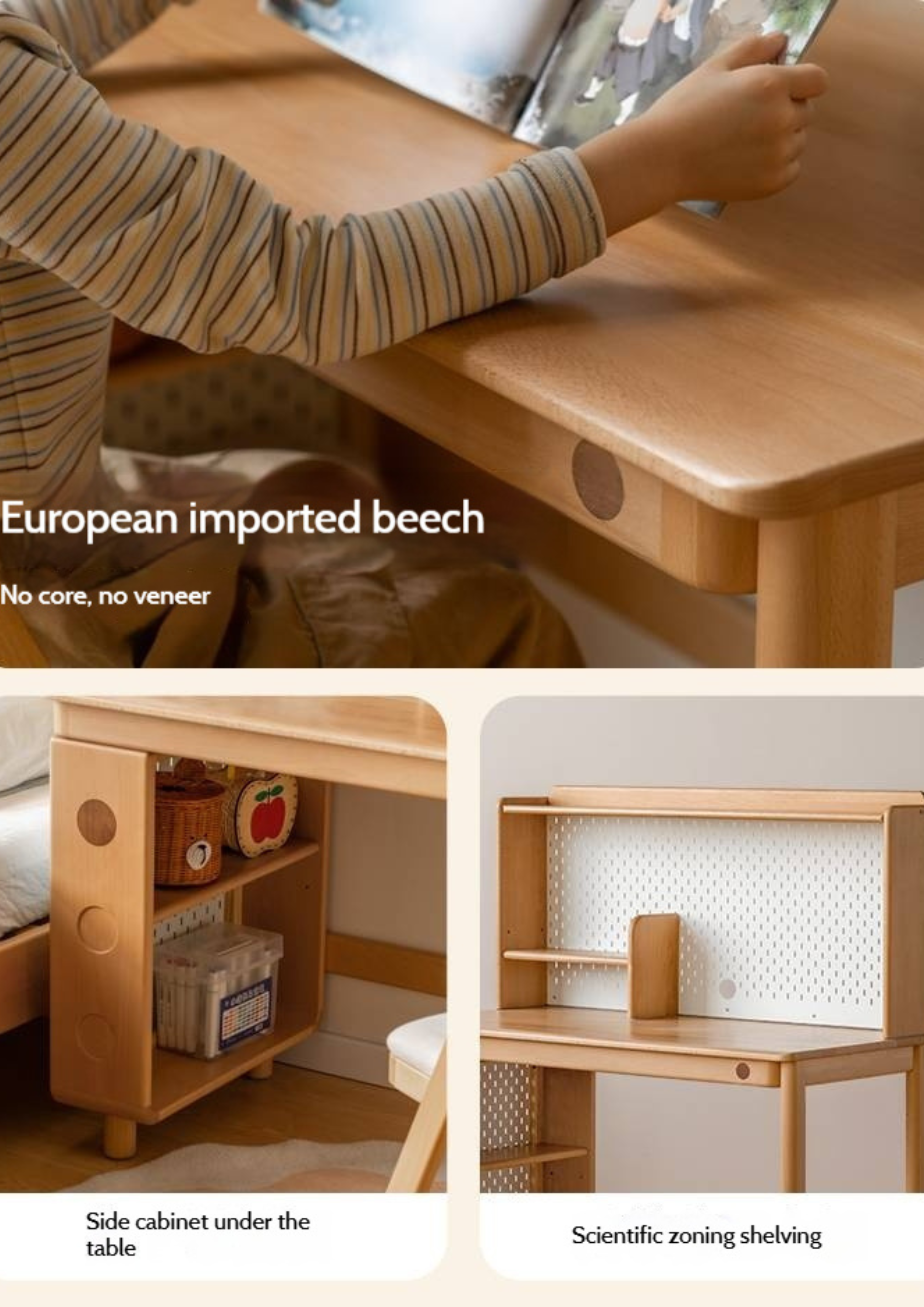 Beech Solid Wood Children's Learning Desk Bookshelf Integrated