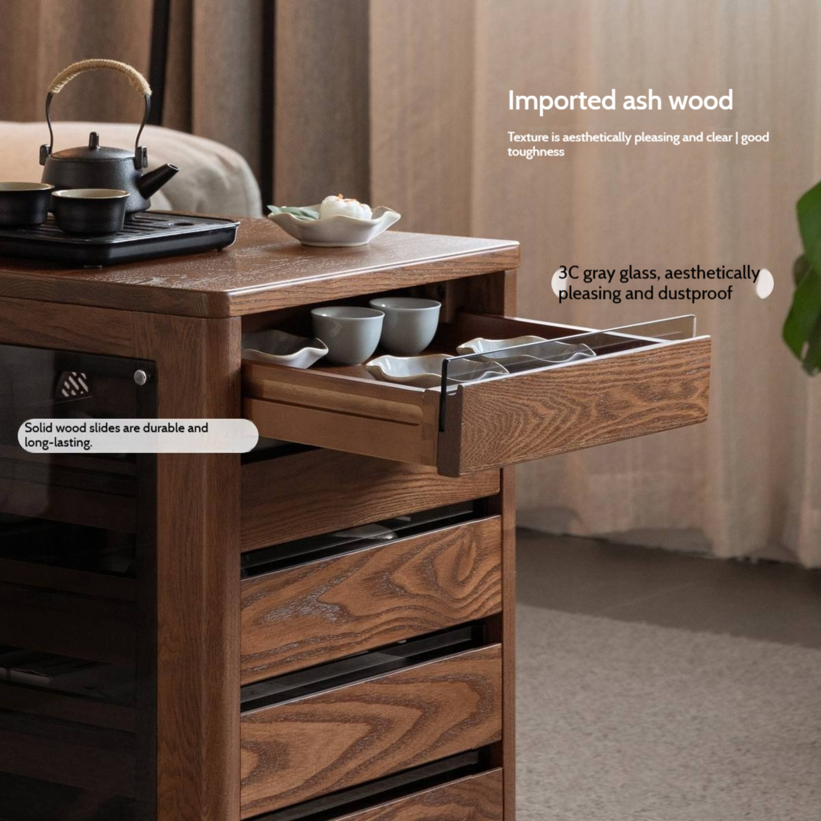 Ash Solid Wood Mobile Kettle Integrated Tea Cabinet