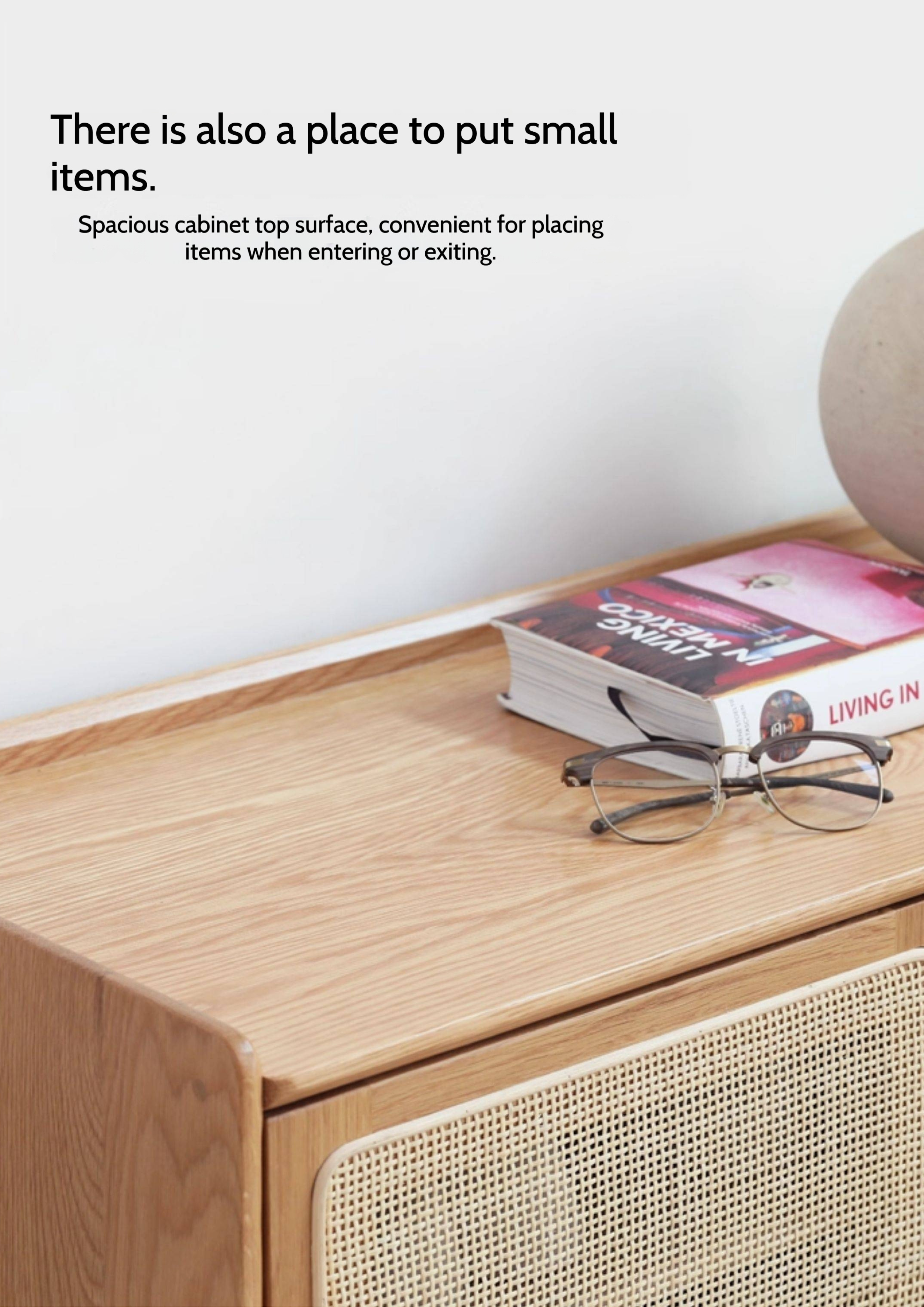 Oak Solid Wood Shoe Cabinet Storage Rattan