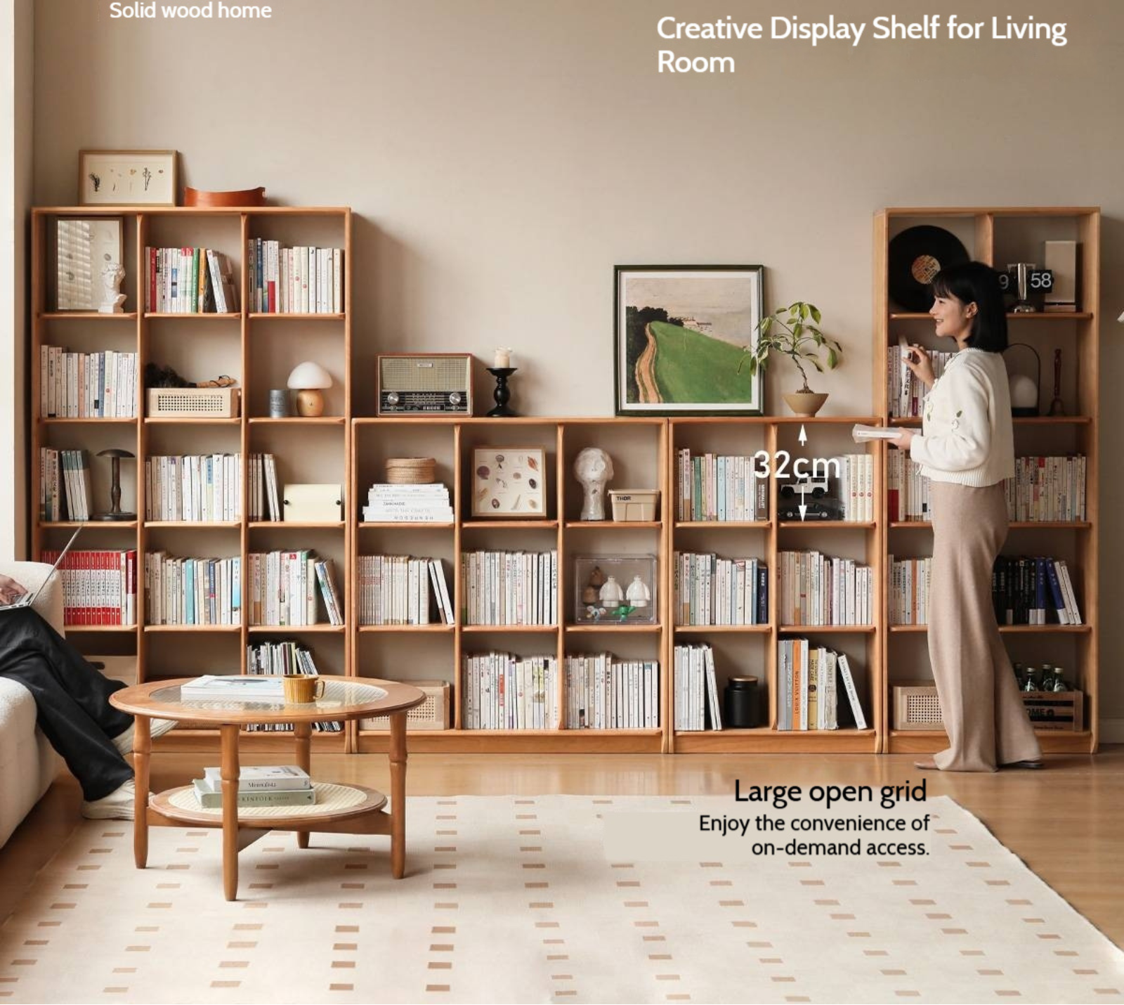 Cherry Solid Wood Freely Combinable Bookshelf with Floor-Standing Grid Design