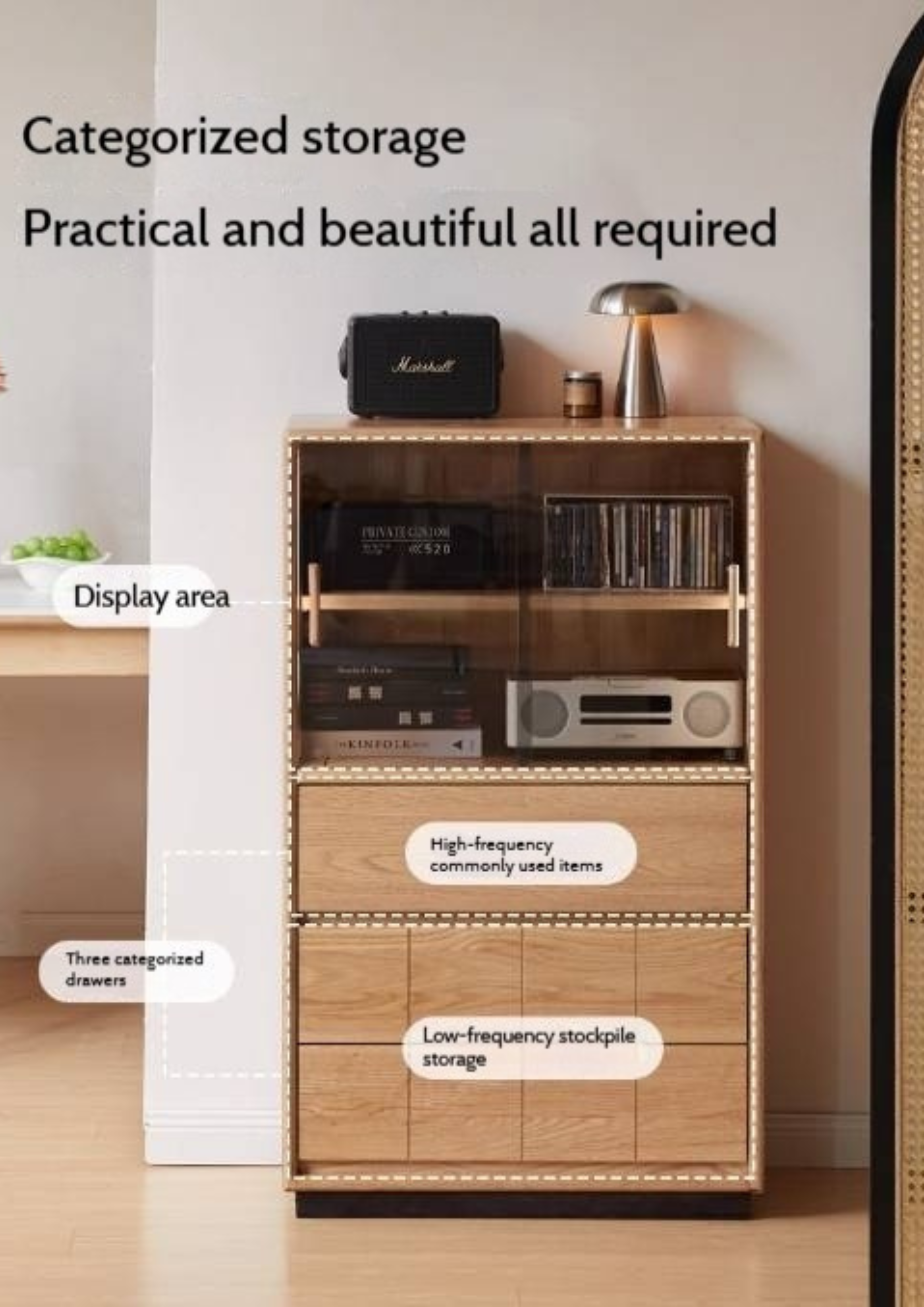 Oak Solid Wood Modern Side Cabinet with Light.