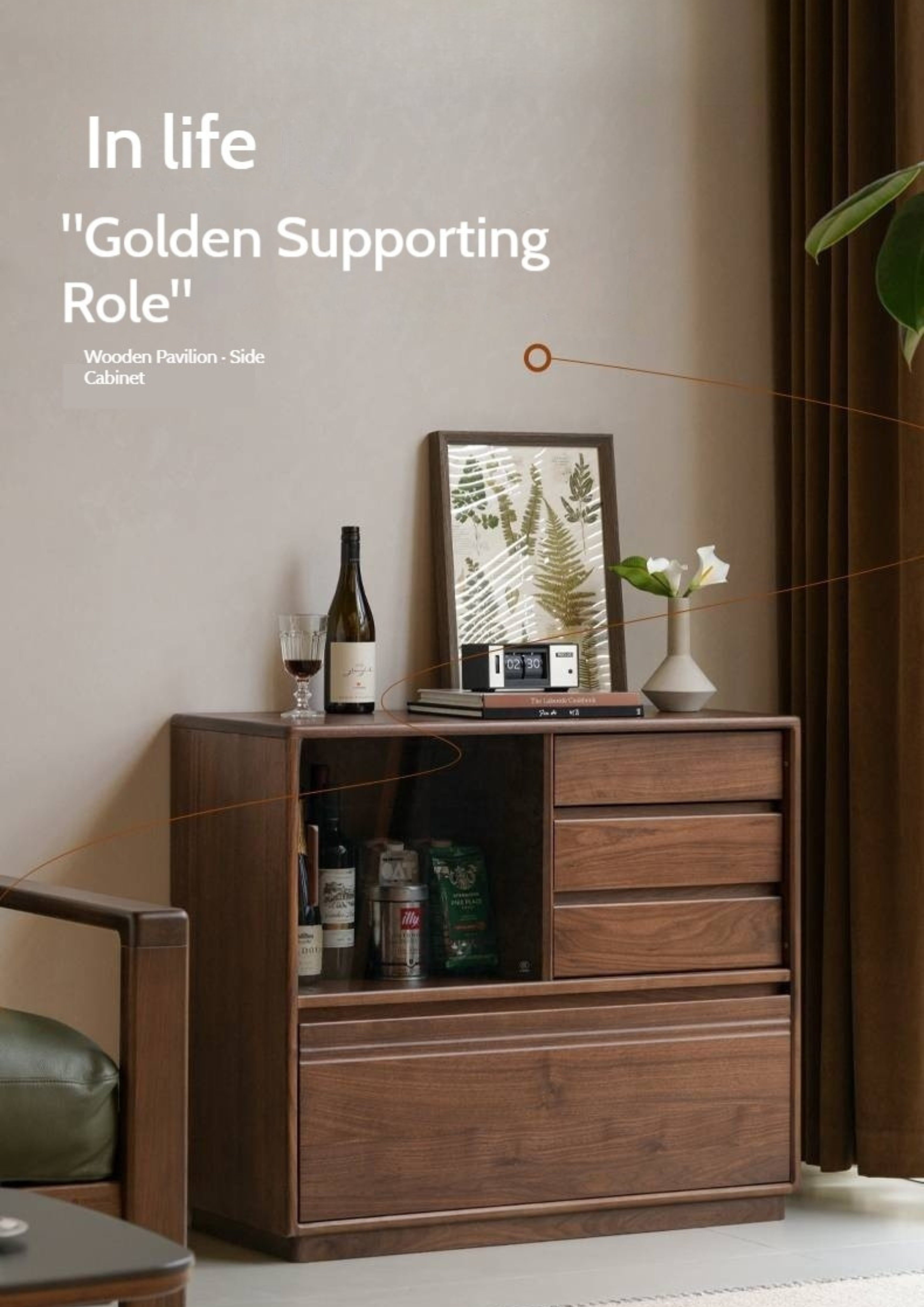 Black Walnut Solid Wood Modern Side Cabinet.