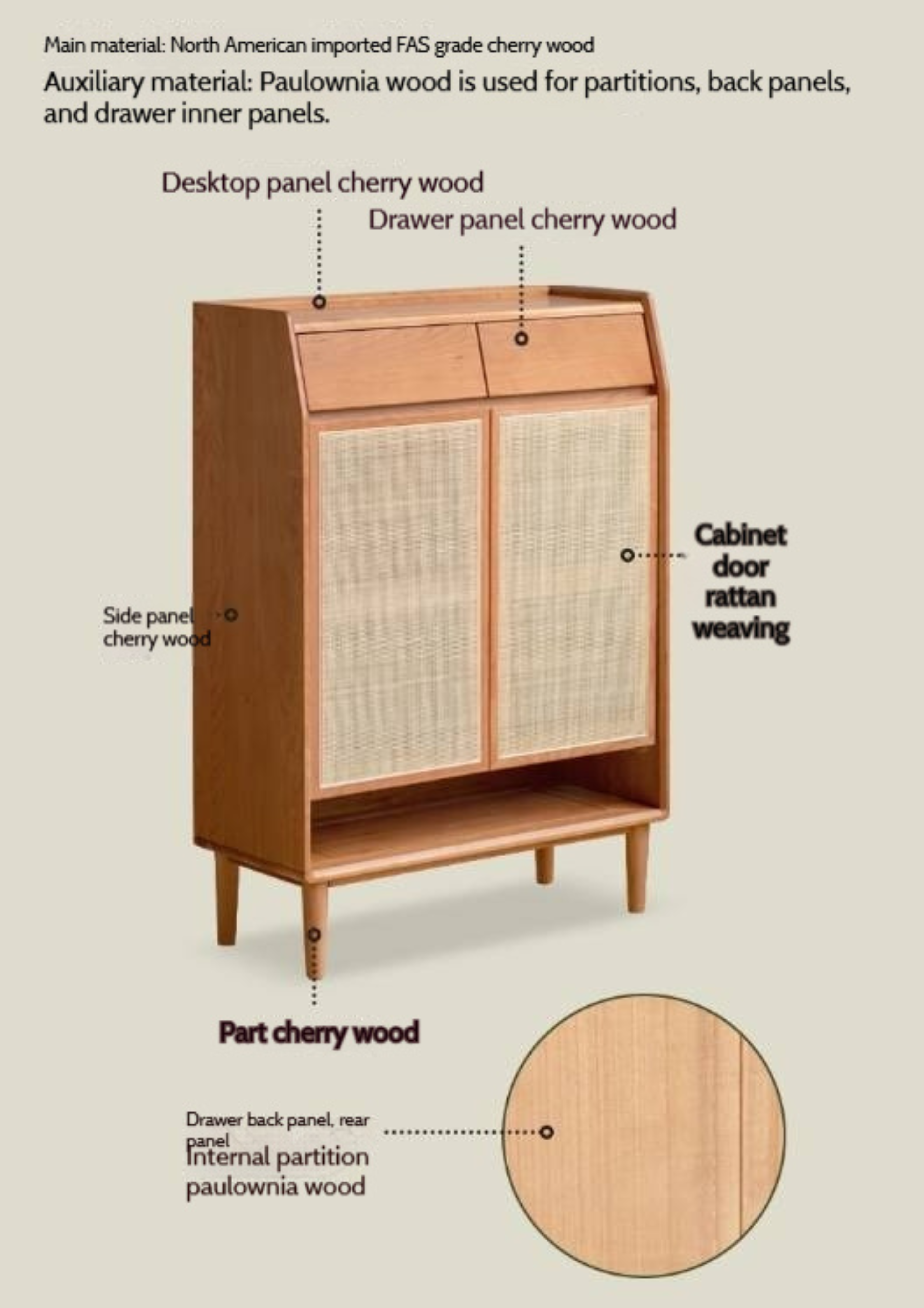 Сherry, Oak Solid Wood Rattan Locker Shoe Cabinet