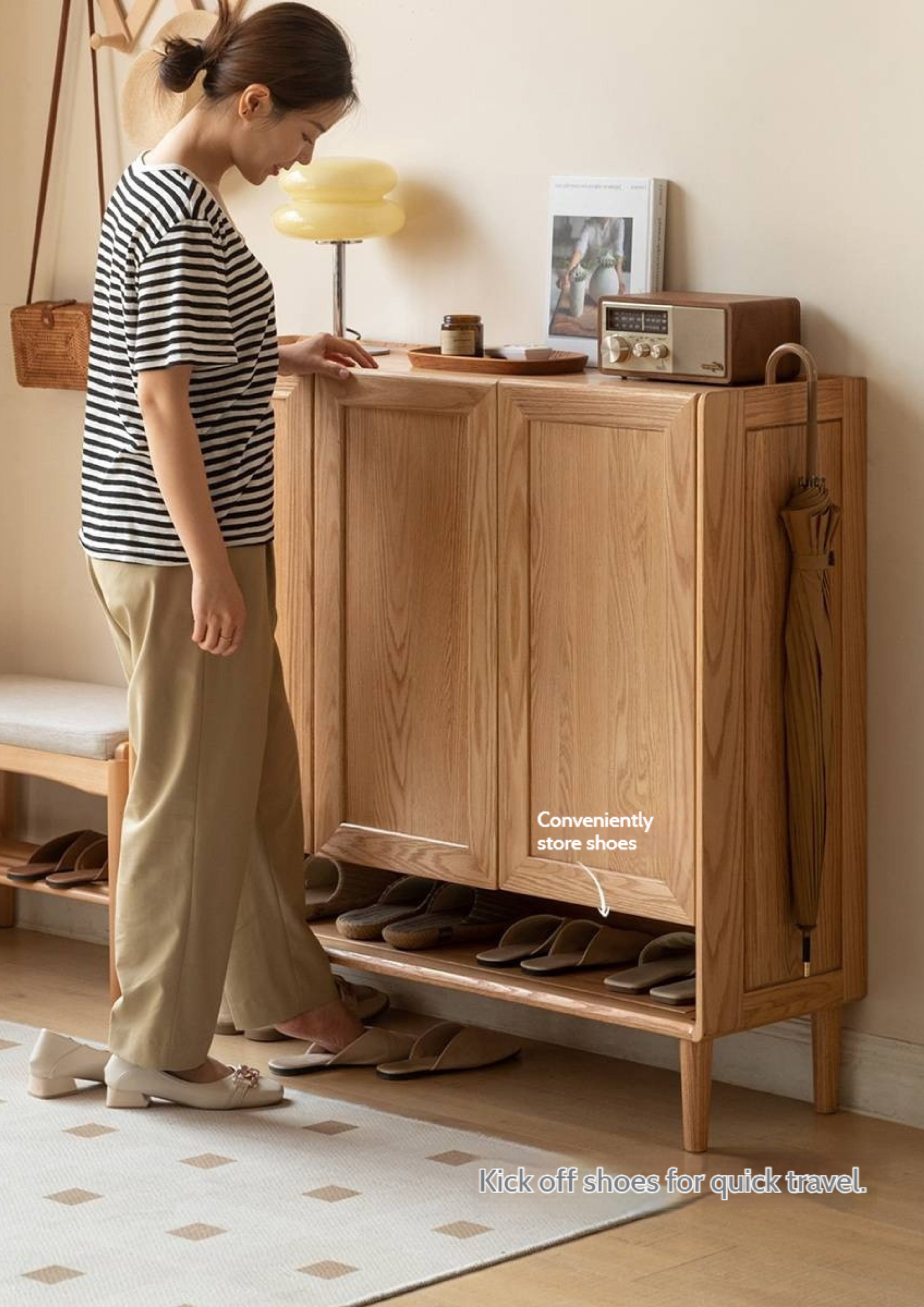 Oak, Solid Rubber Wood Shoe Cabinet