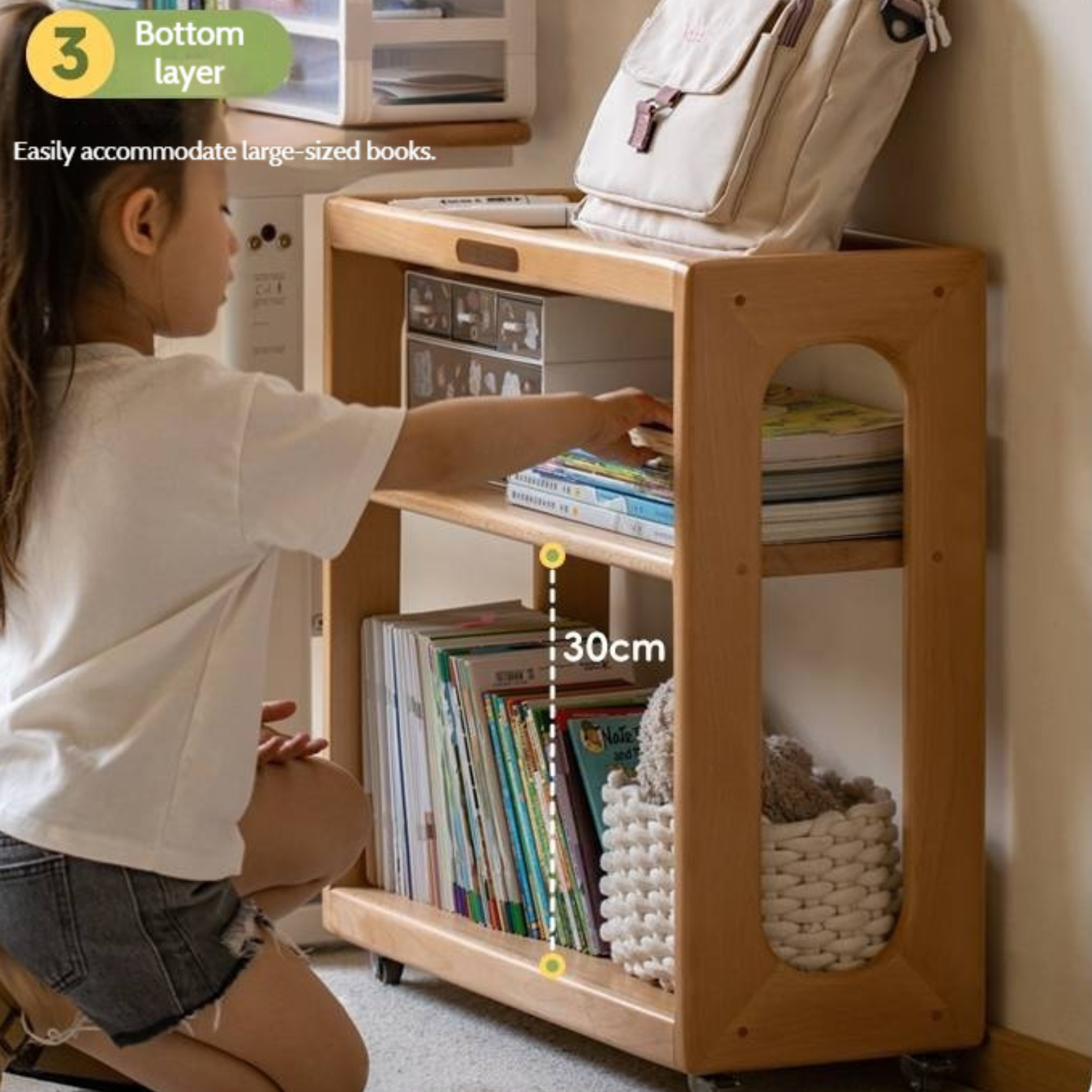 Beech Solid Wood Movable Children's Montessori Under-Table Bookshelf with Wheels