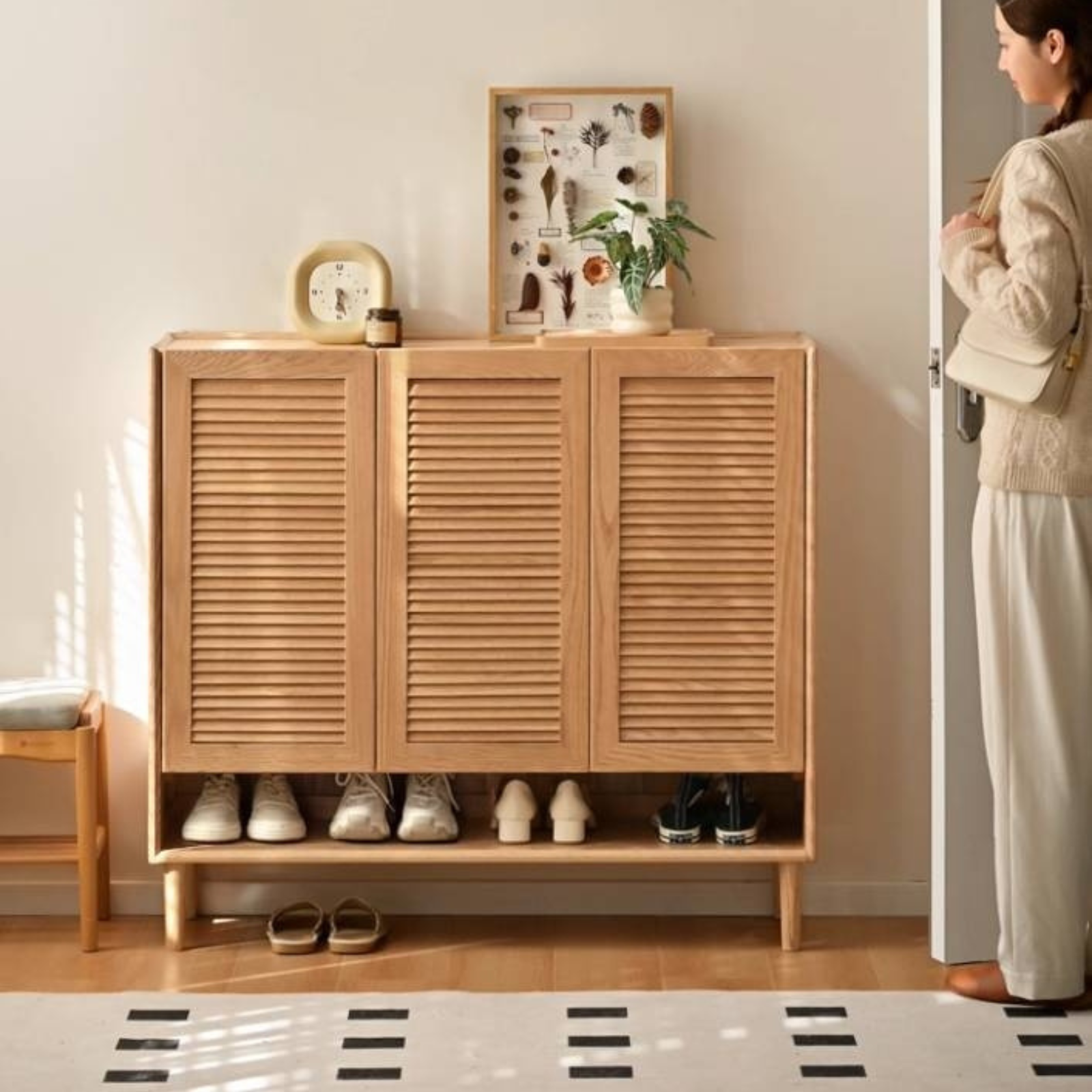 Oak, Solid Rubber Wood Modern Shoe Cabinet