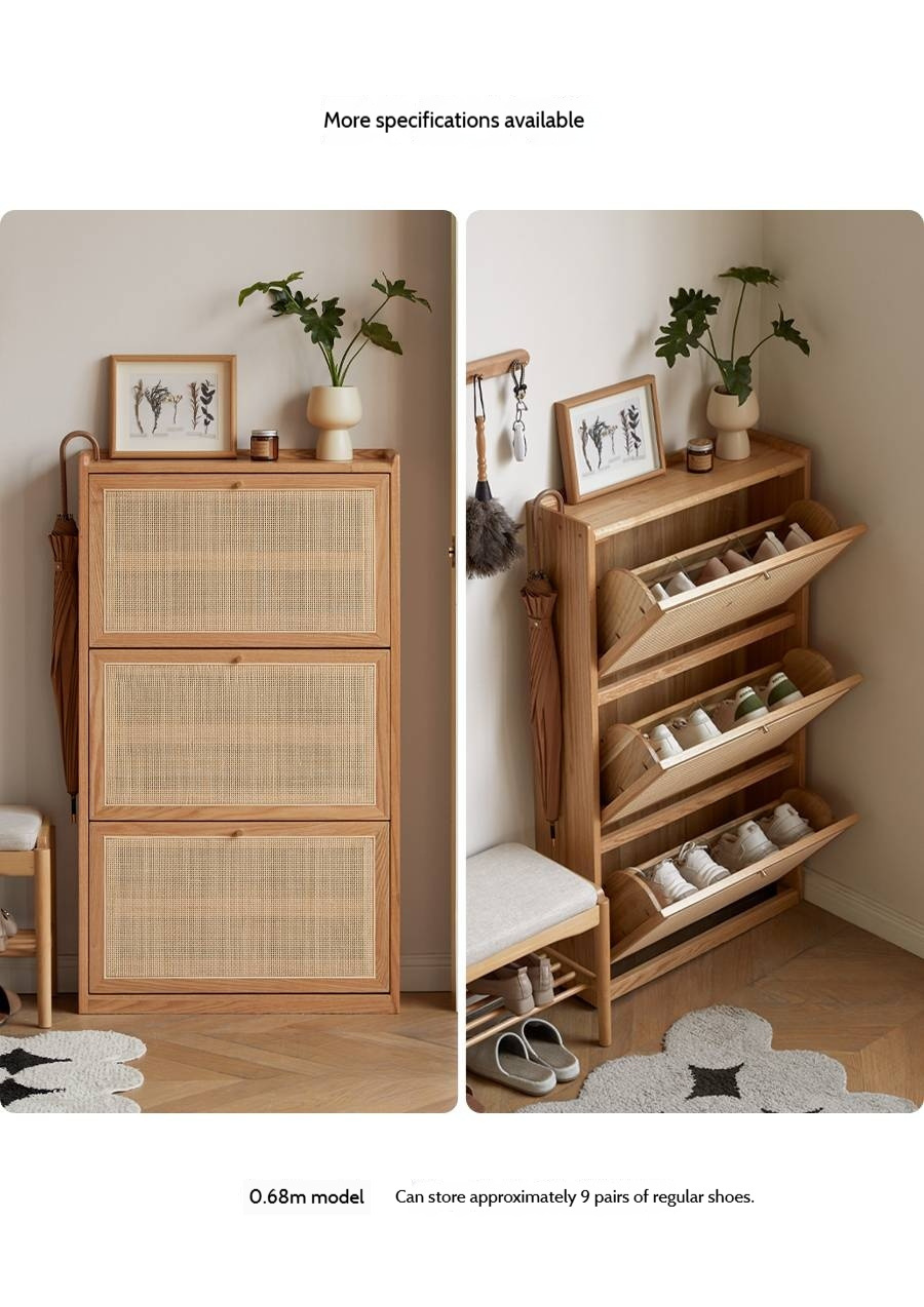 Oak Solid Wood Ultra-Thin Flap Door Rattan Shoe Cabinet