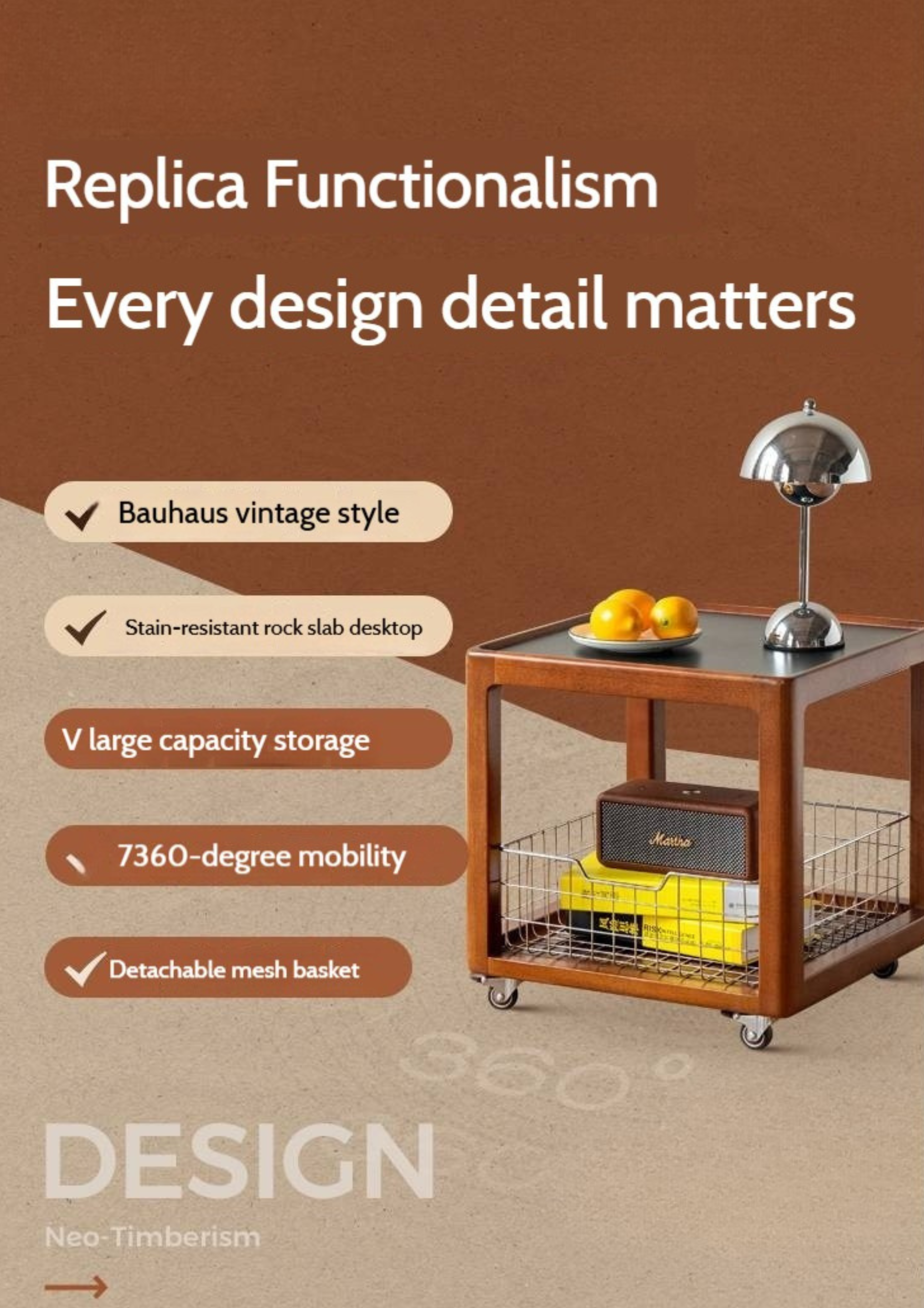 Poplar Solid Wood Movable Vintage Slab Side Table